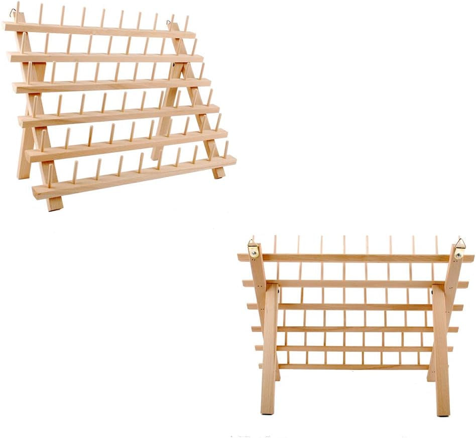 60-Spools Wooden Thread Holder Sewing and Embroidery Thread Rack and Organizer Thread Rack for Sewing with Hanging Hooks