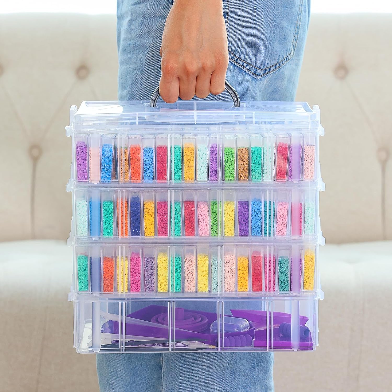 264 Slots 4-Tier Diamond Painting Storage Container Clear Stackable Bead Organizer with Diamond Painting Accessories and Tools for DIY Diamond Art Craft Jewelry Bead Storage