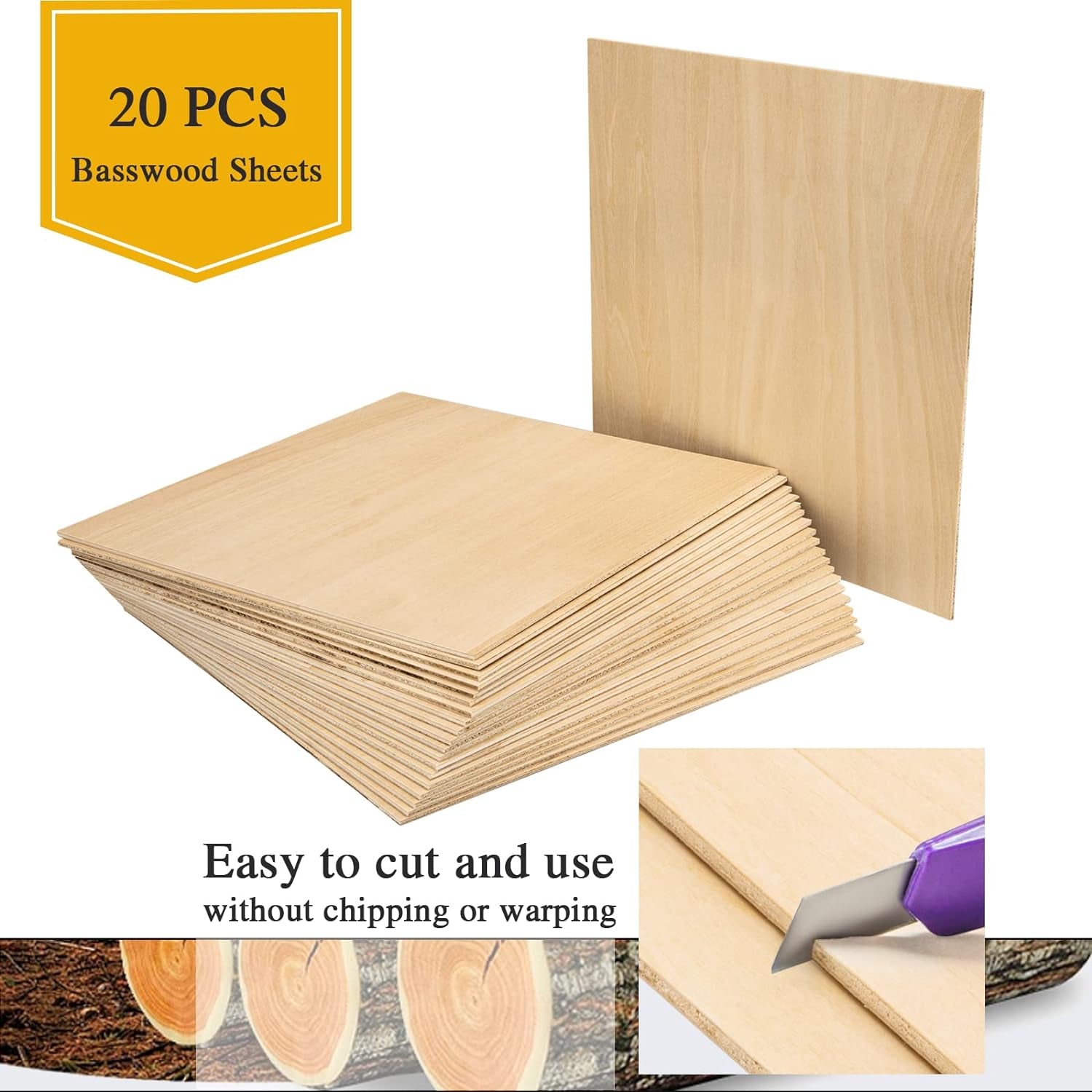Basswood Sheets 1/8" - 3Mm Plywood Sheets, 12 X 12 Inch Basswood Unfinished for Crafts, Laser Cutting, Engraving, DIY Arts, Drawing(20 Pack)