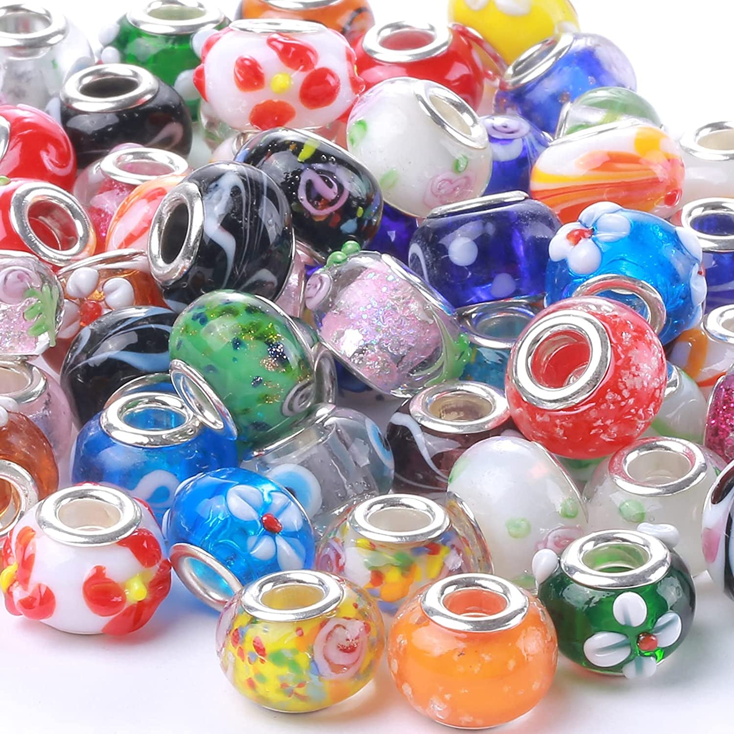 Murano Glass Beads Large Hole Glass Beads European Lampwork Spacer Charms Beads Silver Plated Cores Bracelet Charms for DIY Crafts Jewelry Making 50 Pcs Mixed