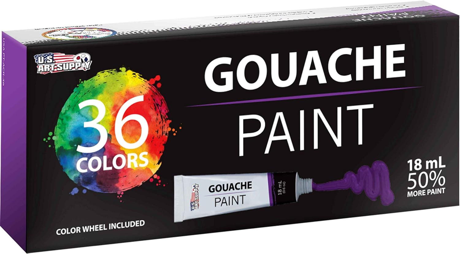 Professional 36 Color Set of Gouache Paint in Large 18Ml Tubes - Rich Vivid Colors for Artists, Students, Beginners - Canvas Portrait Paintings - Color Mixing Wheel