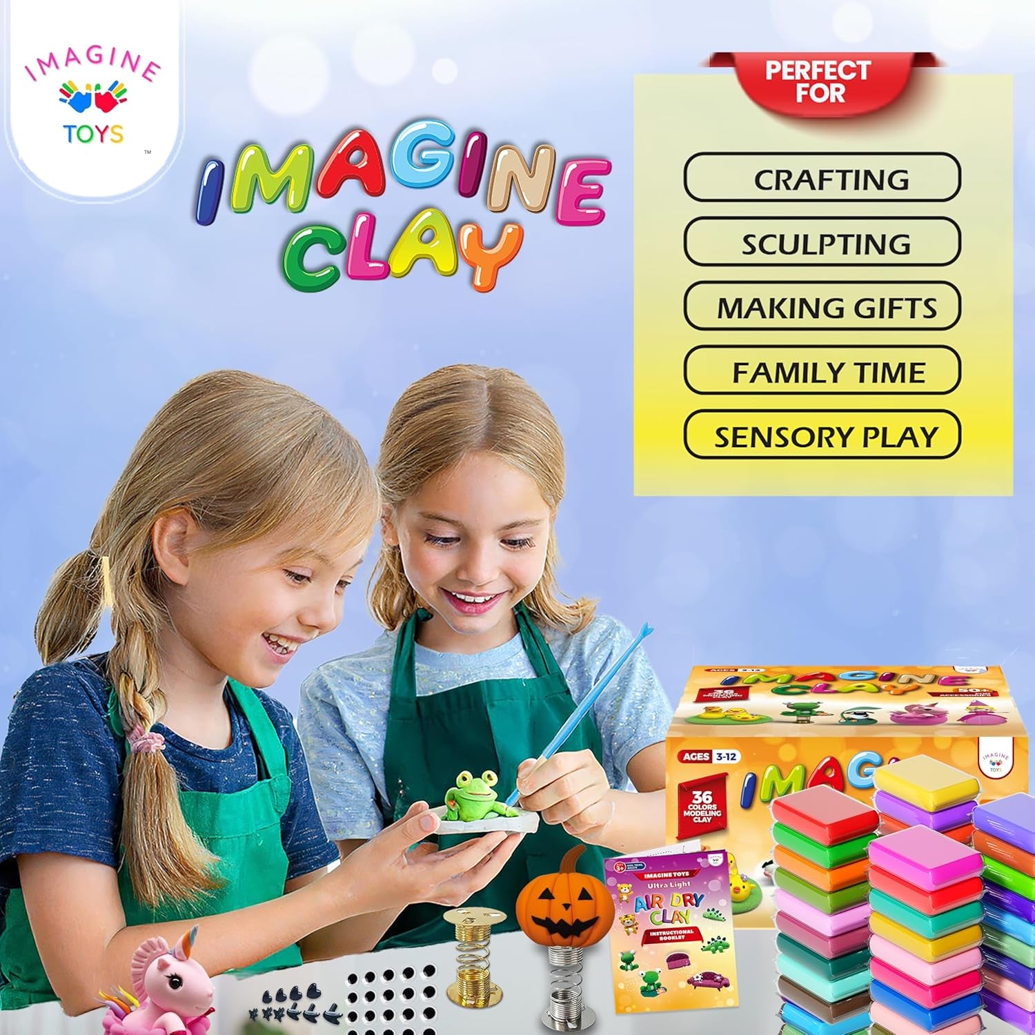 Imagine Clay Complete KIT - 36 Colors Air Dry Modeling Clay with 5 Sculpting Tools plus Roller, 50+ Decorations, 4 Spring Seats, 10 Phone Chains, 2 Key Rings, Booklet, Etc. Great Gift. Age 3-12+