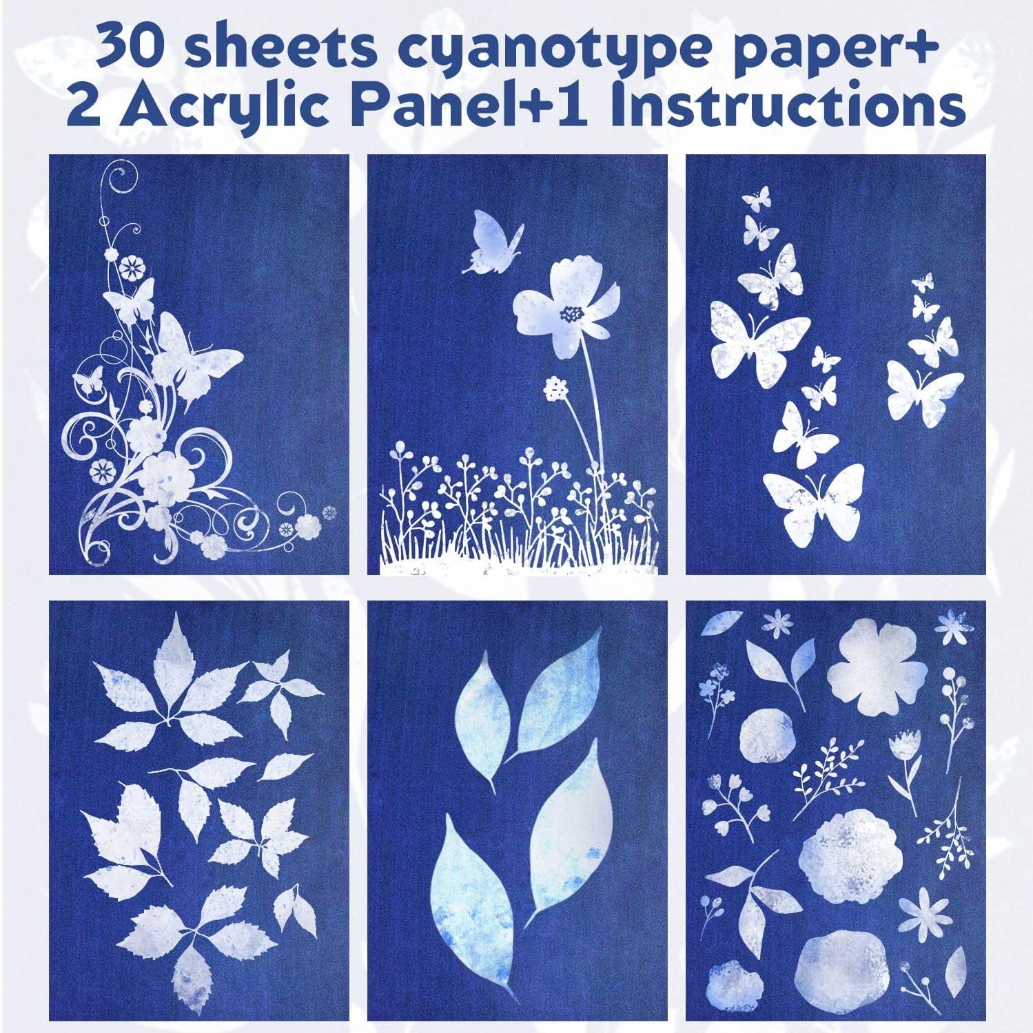Sun Print Paper Kit, Cyanotype Paper, 30 Sheets Cyanotype Papers with 2 Sheet Acrylic Panel, High Sensitive Nature Sun/Solar Activated Sun Printing Art Paper for Flower Press Arts Crafts DIY Project