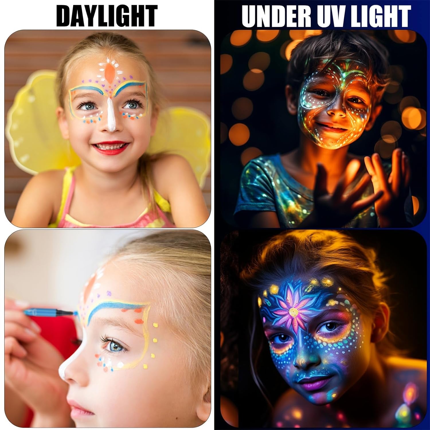 Water-Resistant Face Paint Pen Glow in the Dark under UV Light 8 Neon Rainbow Colors Smudge Proof Waterproof Body Painting Kit for Kids Tattoo Skin Markers Eye Makeup for Halloween
