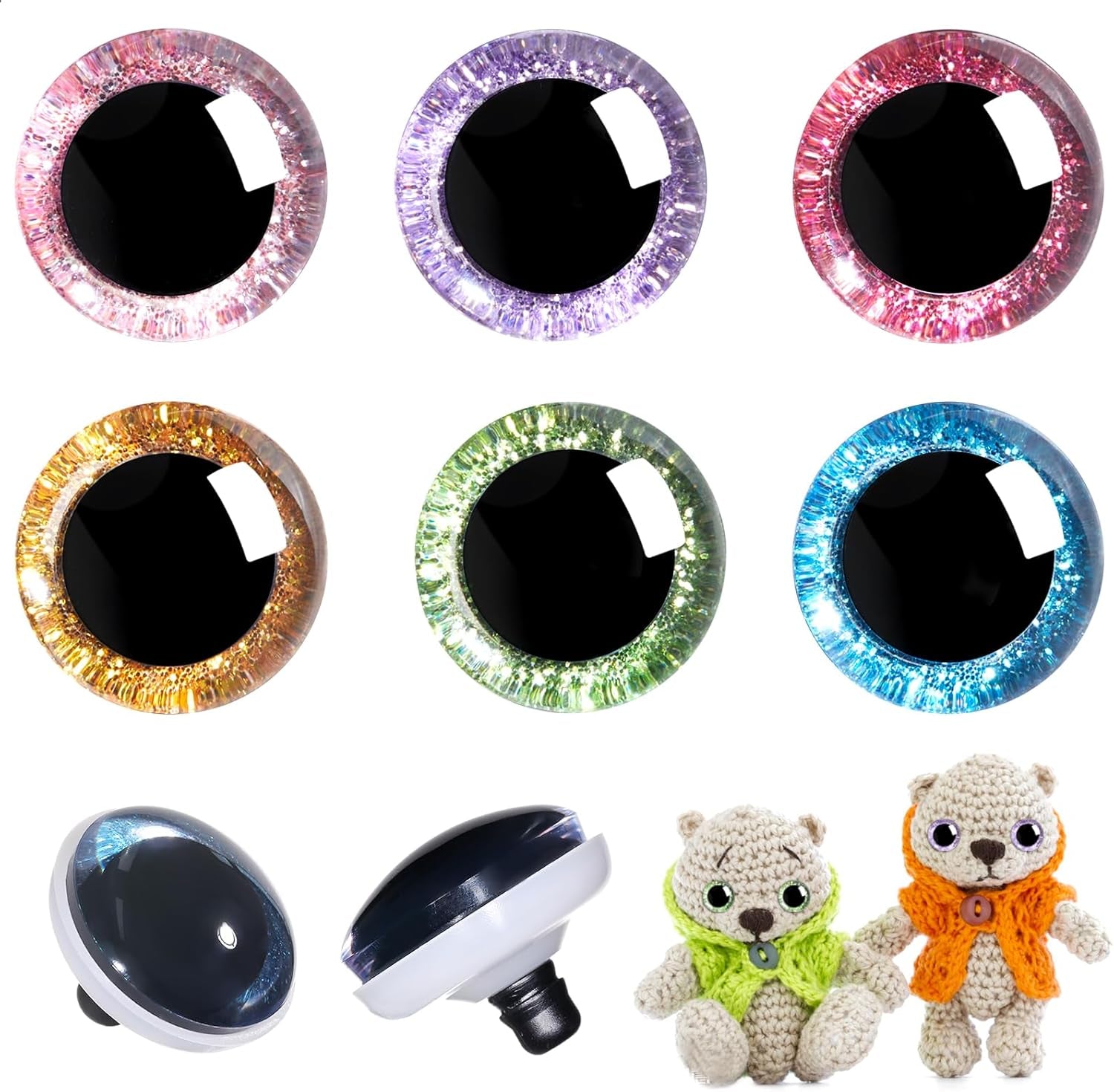 120Pcs 16Mm 3D Glitter Plastic Safety Eyes for Amigurumi Trapezoid Craft Crochet Doll Eyes with Washers Stuffed Animal Eyes for DIY of Puppet, Bear Plush Animal(6 Colors)