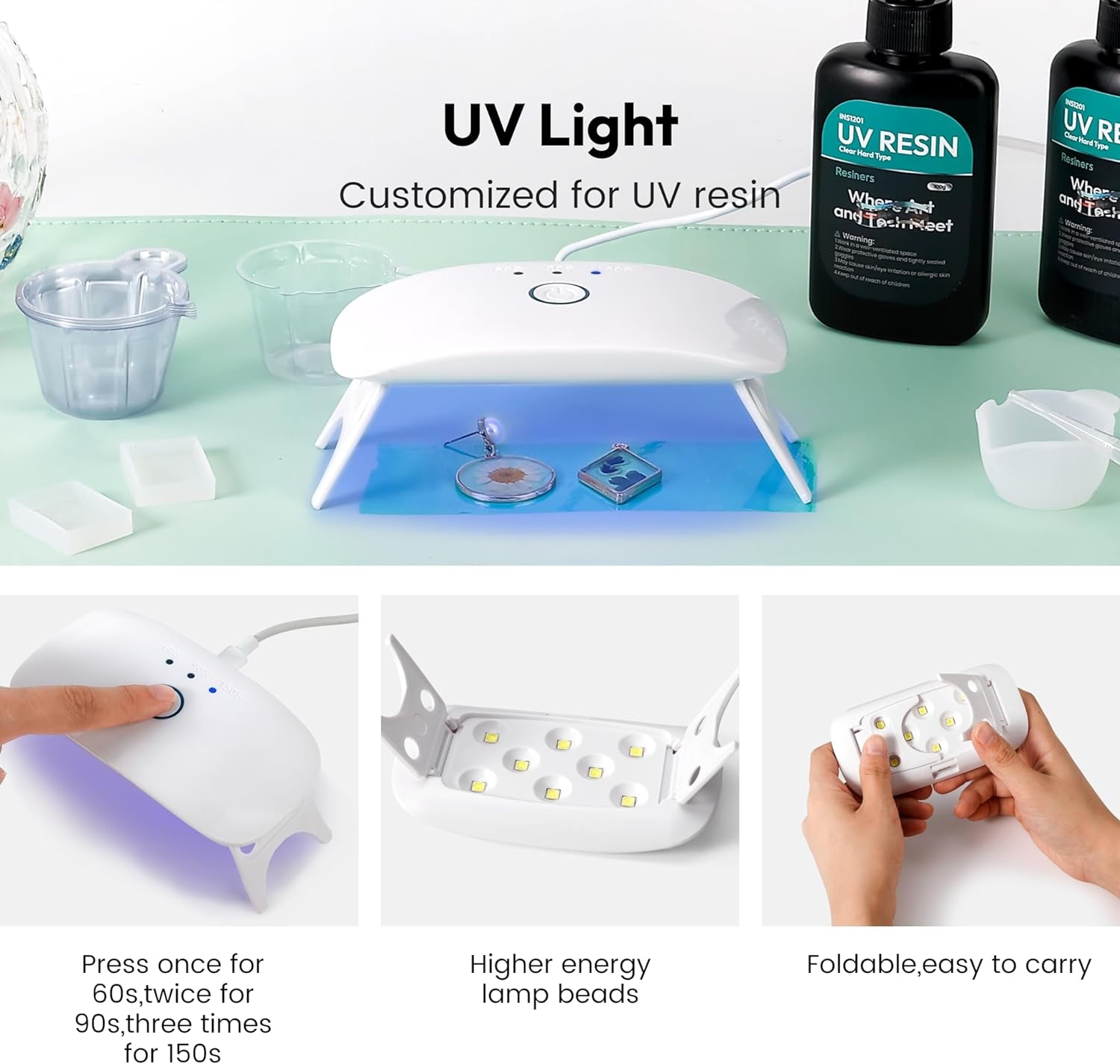 UV Resin Kit with Light,Upgraded 200G Crystal Clear Low Odor UV Glue,Uv Light for Resin Curing,Mixing Cups,Stir Sticks,Ultraviolet Epoxy Resin Starter Jewelry Making Kit for Craft Beginner