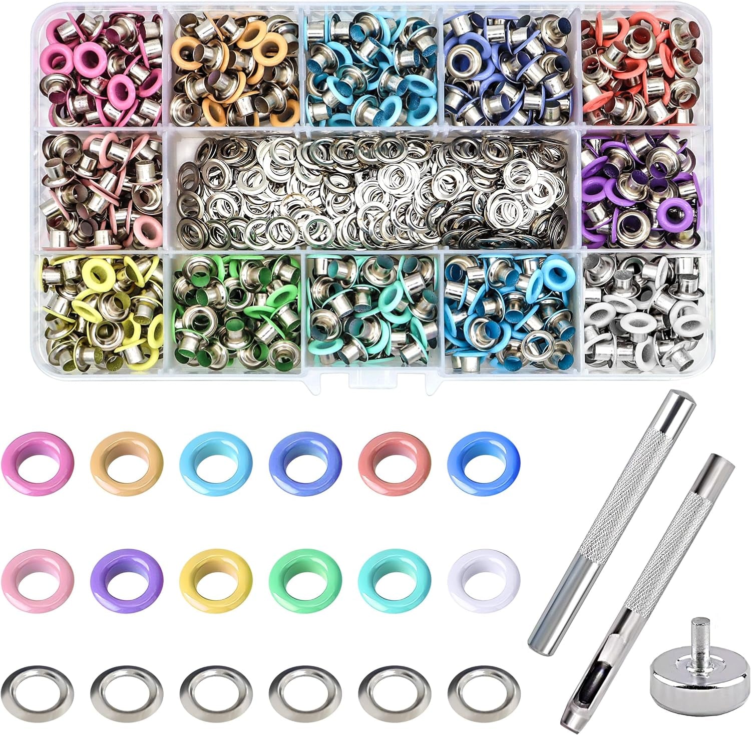 600 Pcs Metal Eyelets Metal Grommets Kit Sewing Eyelets and Grommets Shoe Eyelets with 3 Pieces Installation Tool and Storage Box for Shoes Clothes Crafts Bag DIY Project (3/16 Inch, 4 Colors)