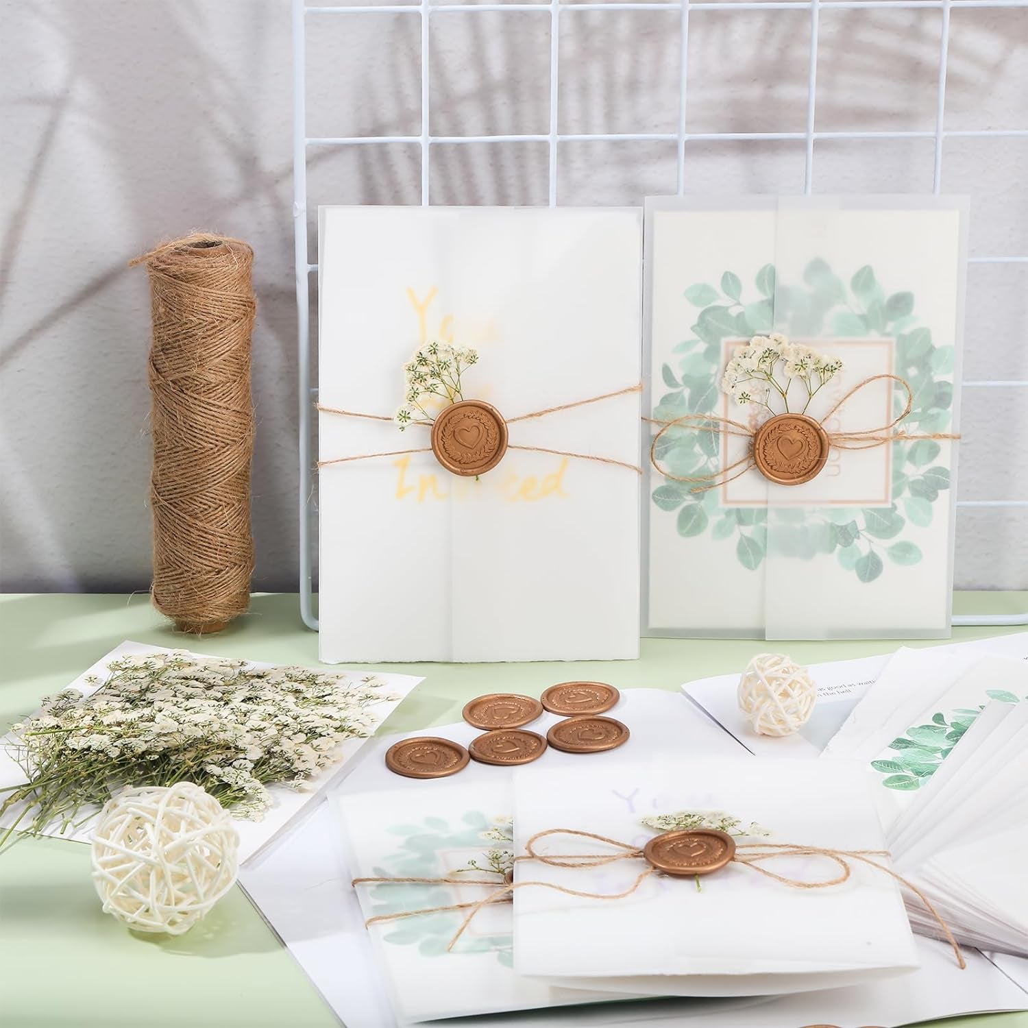 50 Sets Wedding Invitations Wraps Set Include Pre Folded Vellum Jackets for 5 X 7 Inch Invitations Mini Dried Flowers Gold Wax Seal Stickers for Wedding Birthday Bridal Baby Shower Craft DIY