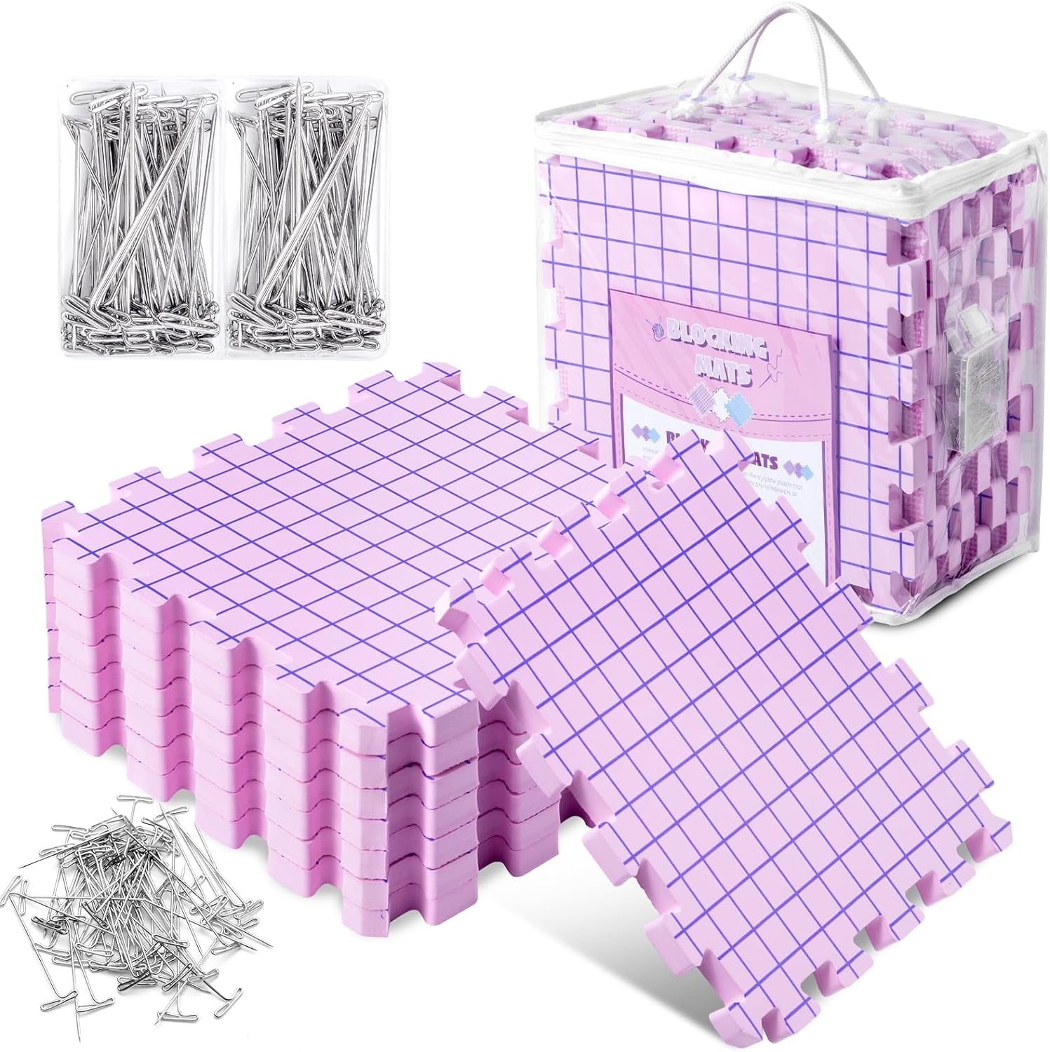 Knitting Blocking Mats and Pins, Blocking Mats for Knitting & Crochet Projects, Extra Thick Knitting Blocking Mats with 150 T-Pins and Storage Bag, Crochet Blocking Board for Crocheting