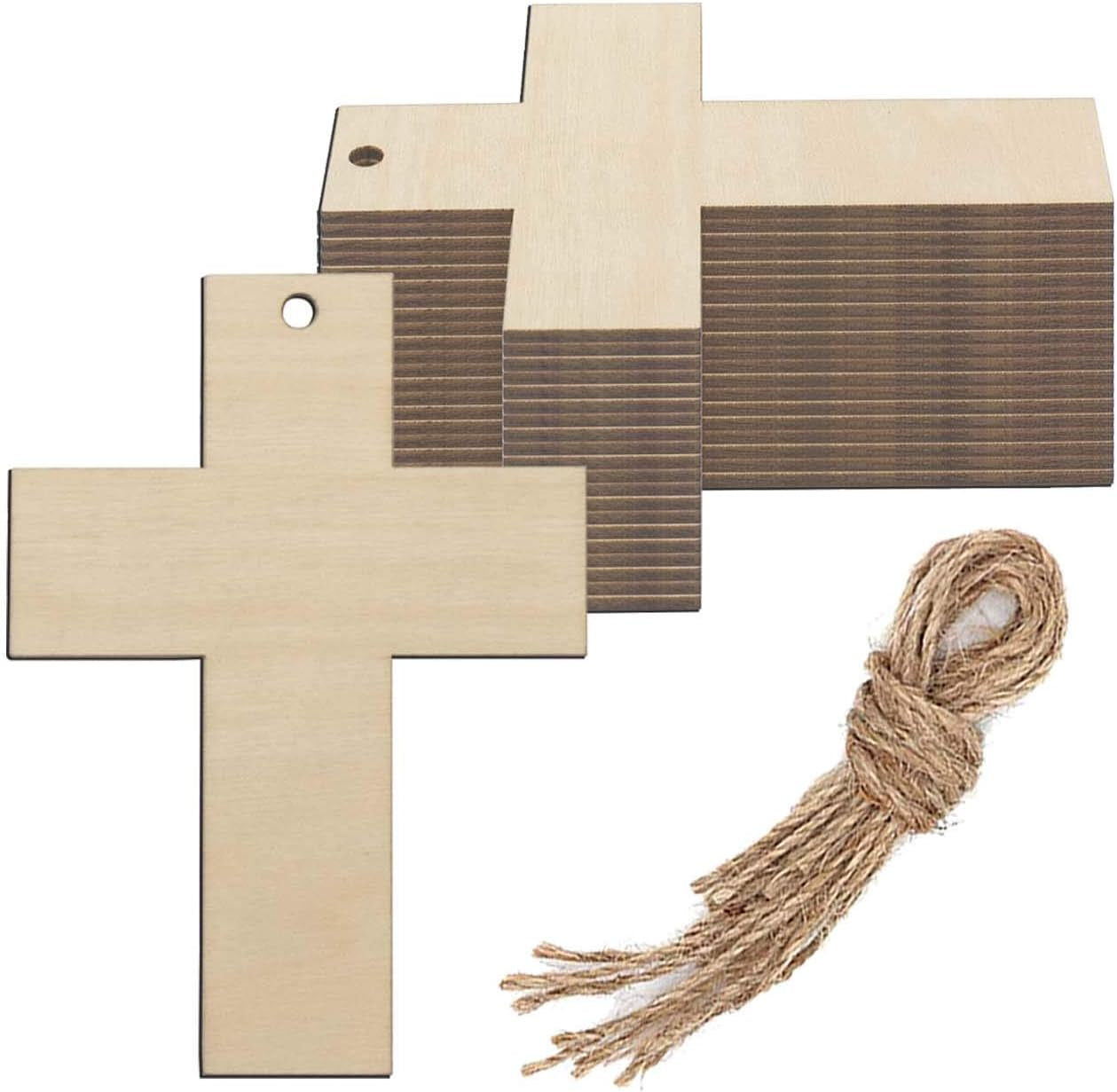 Cross Wooden Hanging Ornaments Cross Shaped Wood DIY Craft Cutout Wooden Slices Embellishments with Hole Hemp Ropes Wood Tags for Birthday Easter Halloween Christmas Decoration (2.8X3.9 In, 20-Pack)