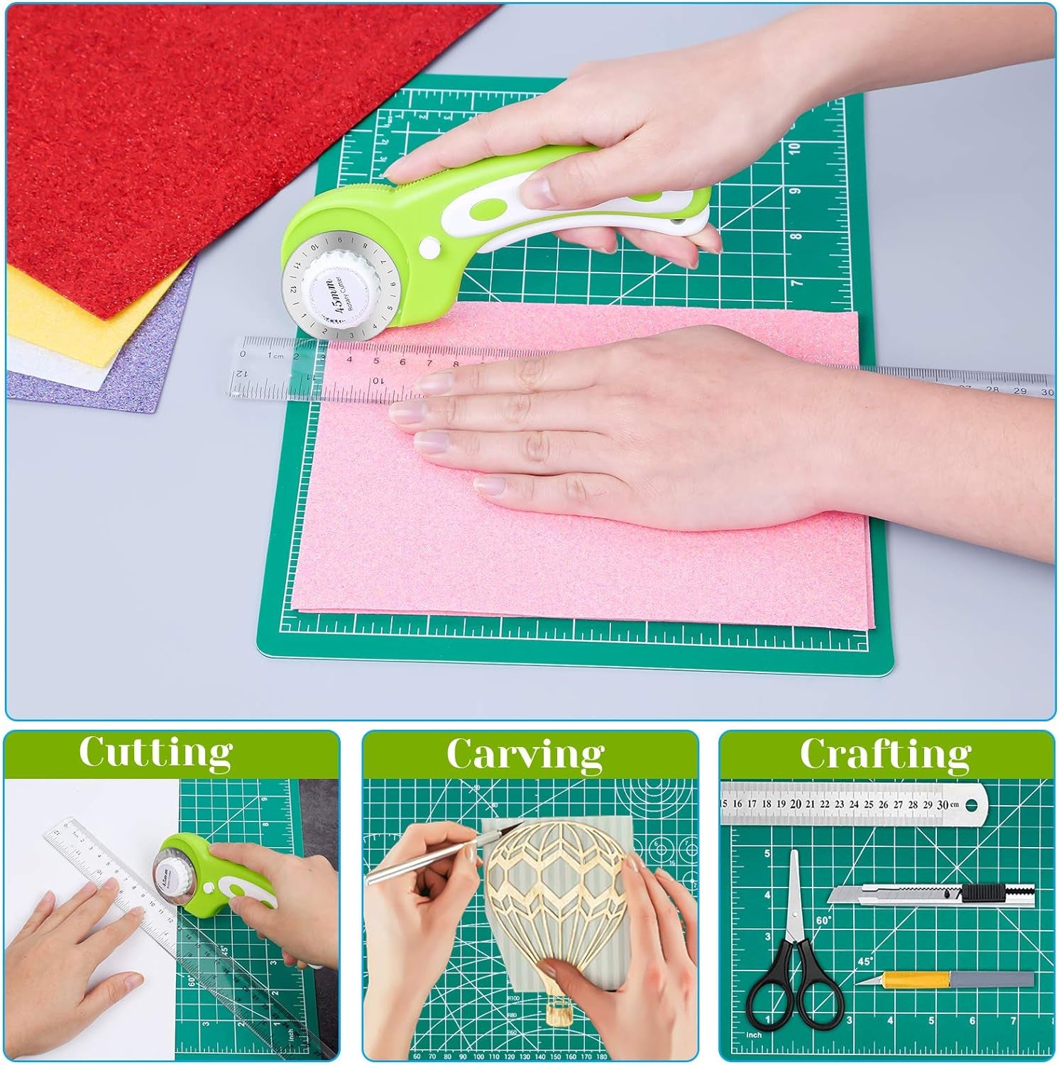 Rotary Cutter Set,  Self Healing Sewing Mats Rotary Cutter and Mat 45Mm Rotary Fabric Cutter Set with 2 Blades Rotary Cutting Mat for Crafts Fabric Quilting Hobby (9" X 12" (A4))