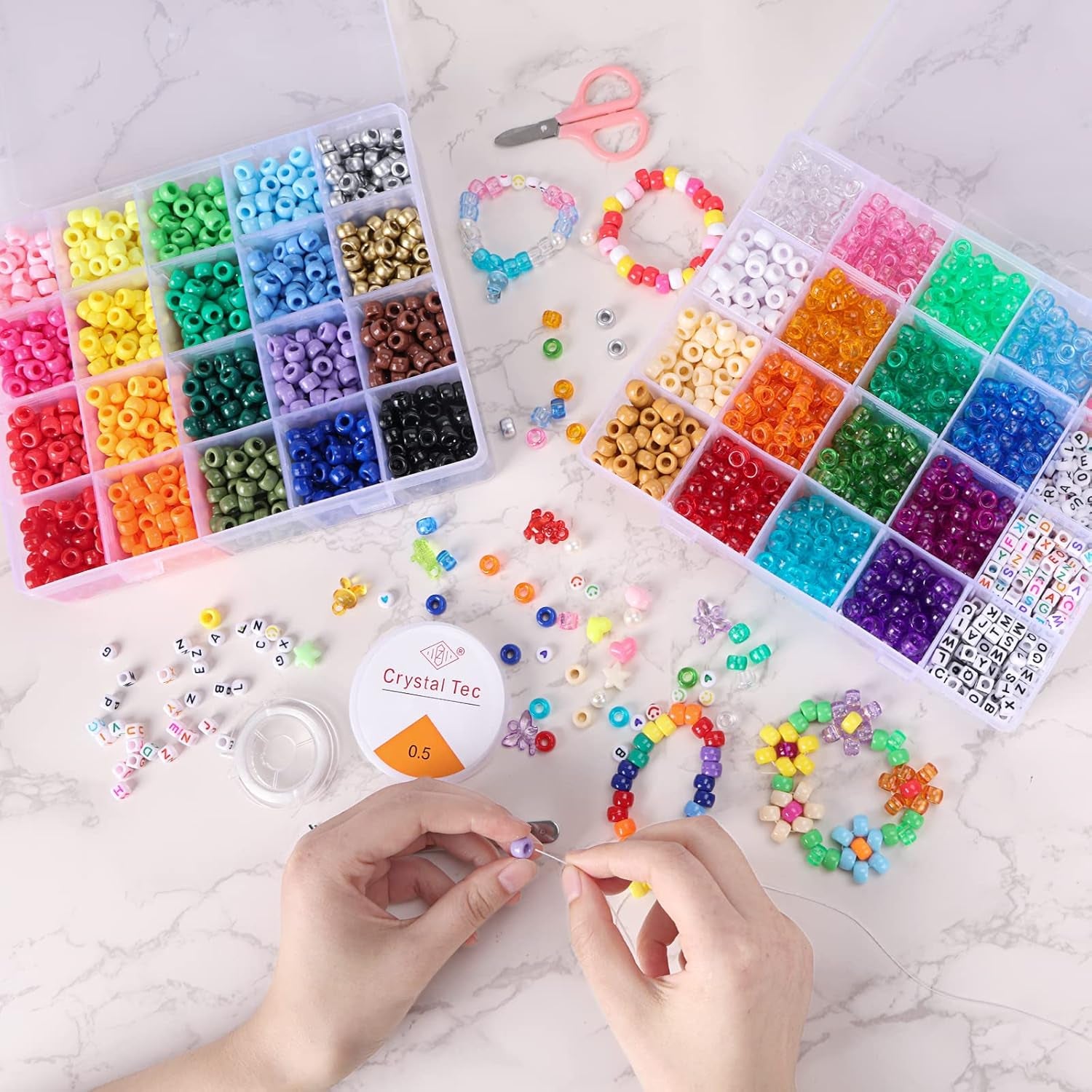 3510Pcs 36 Colors, Hair Pony Beads Bulk with Letter Bead, 9Mm Rainbow DIY Kandi Beads Kit for Jewelry Making Bracelets Pearl Transparent and Opaque Pendants
