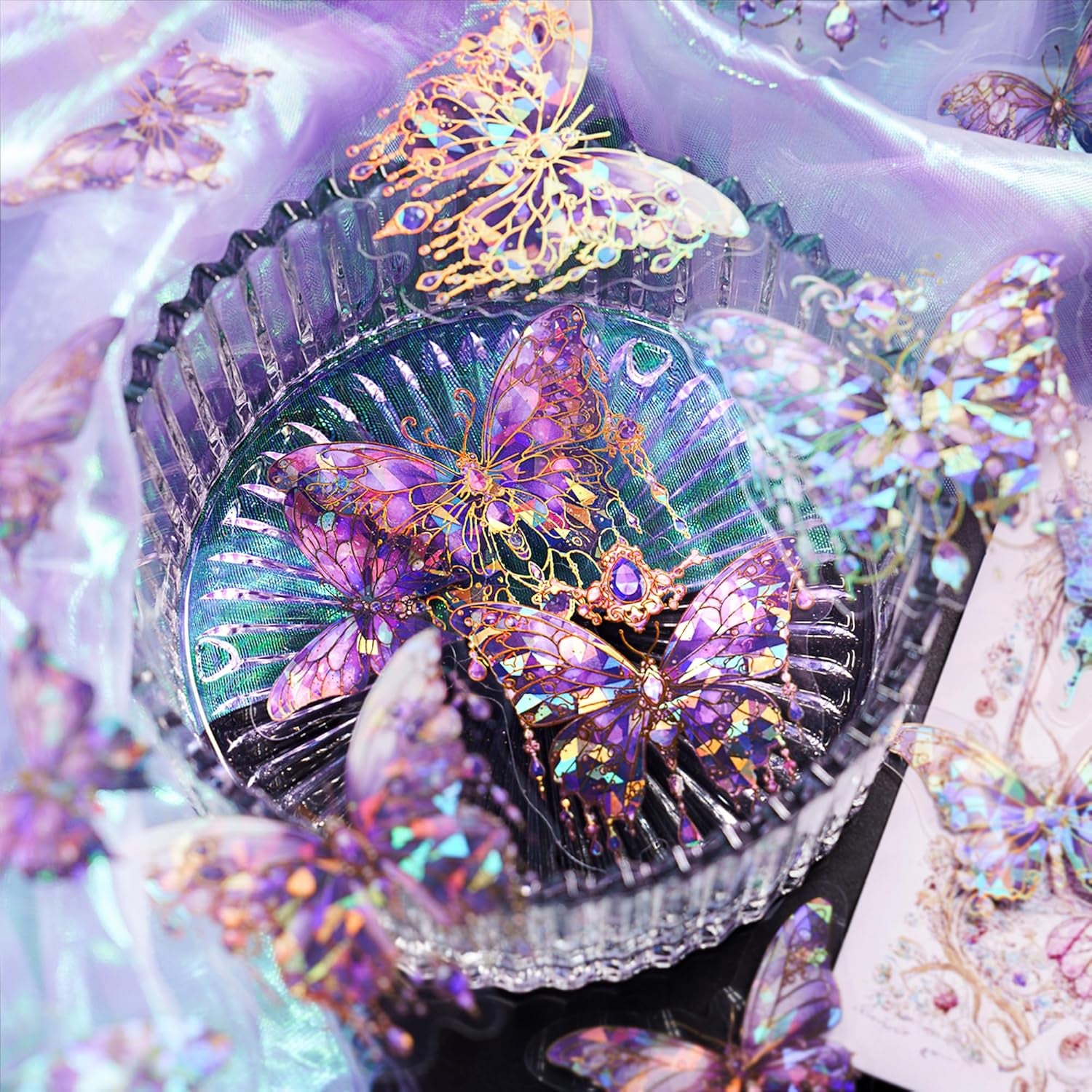 Butterfly Stickers Set (120 Pieces with 6 Themes)-Gorgeous Crystals Holographic Transparent Resin Waterproof Sticker Decals for Scrapbook Supplies Junk Bullet Journals Laptop Crafts Decor