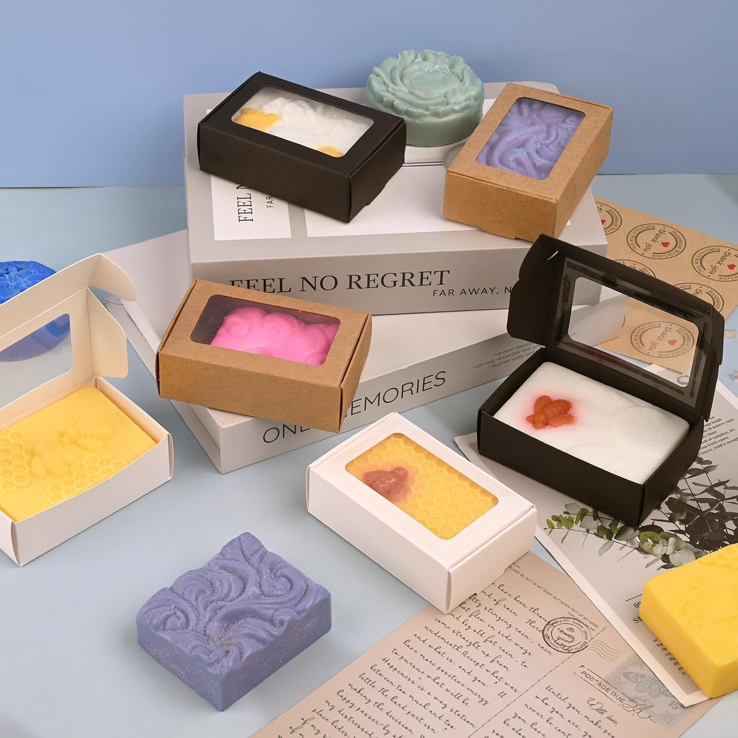 30 Pcs Soap Boxes for Homemade Soap,3.54 X 2.36 X 1.2 Inch Soap Boxes with Window,3 Colors Kraft Soap Packaging Boxes Supplies