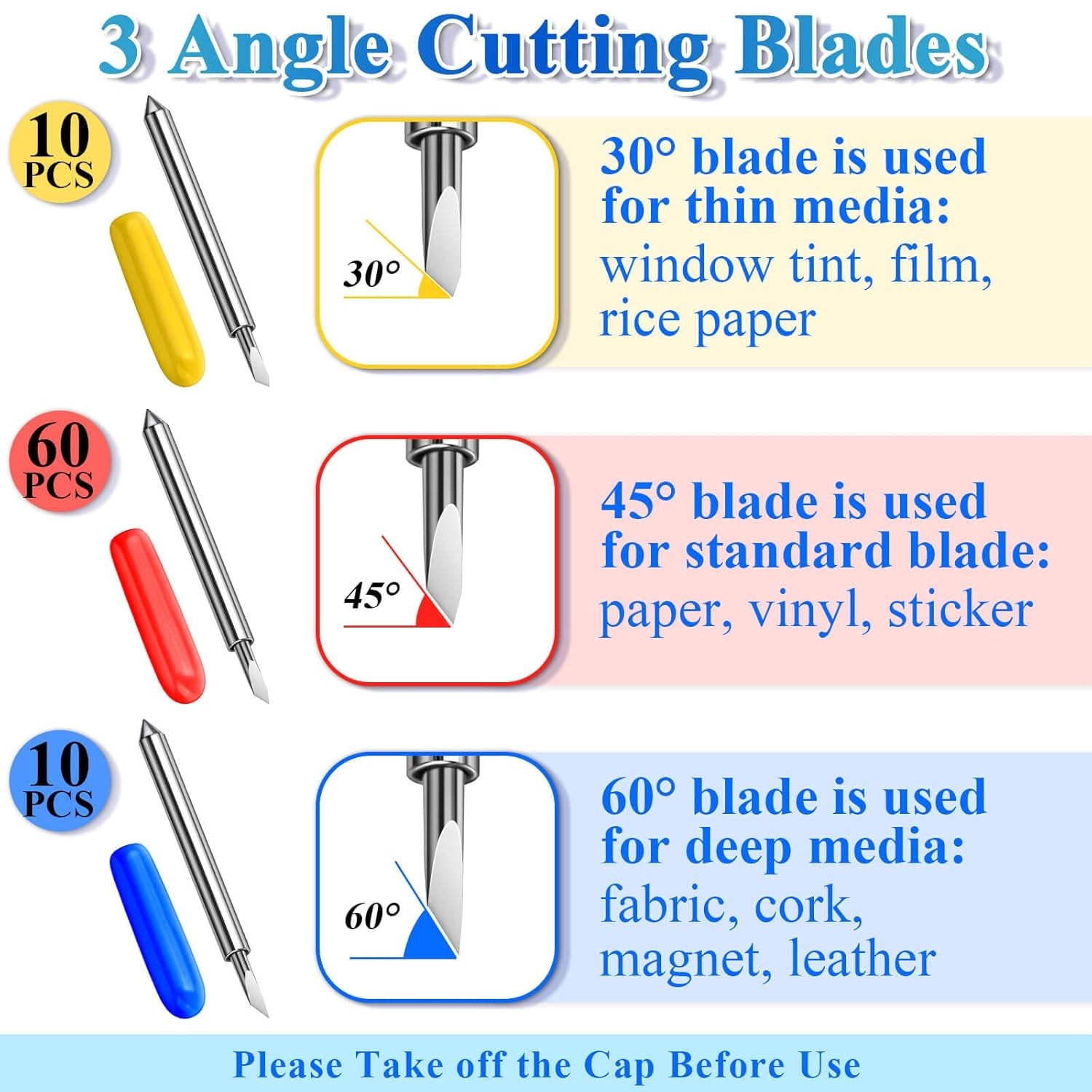 80PCS Replacement Blades for Cricut Blades for Explore Air 2/Air 3/Maker/Maker 3/Expression, 60PCS 45° Standard Blades, 10 PCS 30° Fine Point Blades and 10 PCS 60° Deep Cut Blades