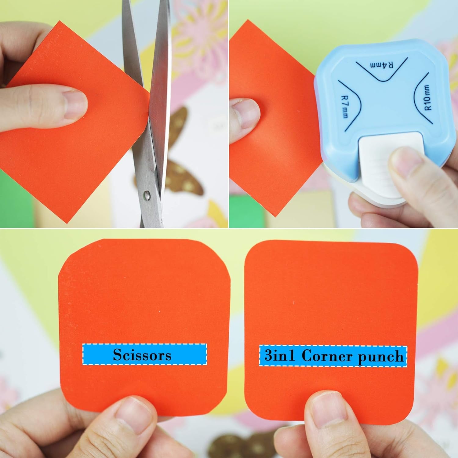 Round Corner Punch, 3 in 1-3 Way Corner Puncher Cutter for Paper Craft (R4Mm+R7Mm+R10Mm) for Cutting Different Corners, DIY Projects, Card Making &amp; Scrapbooking