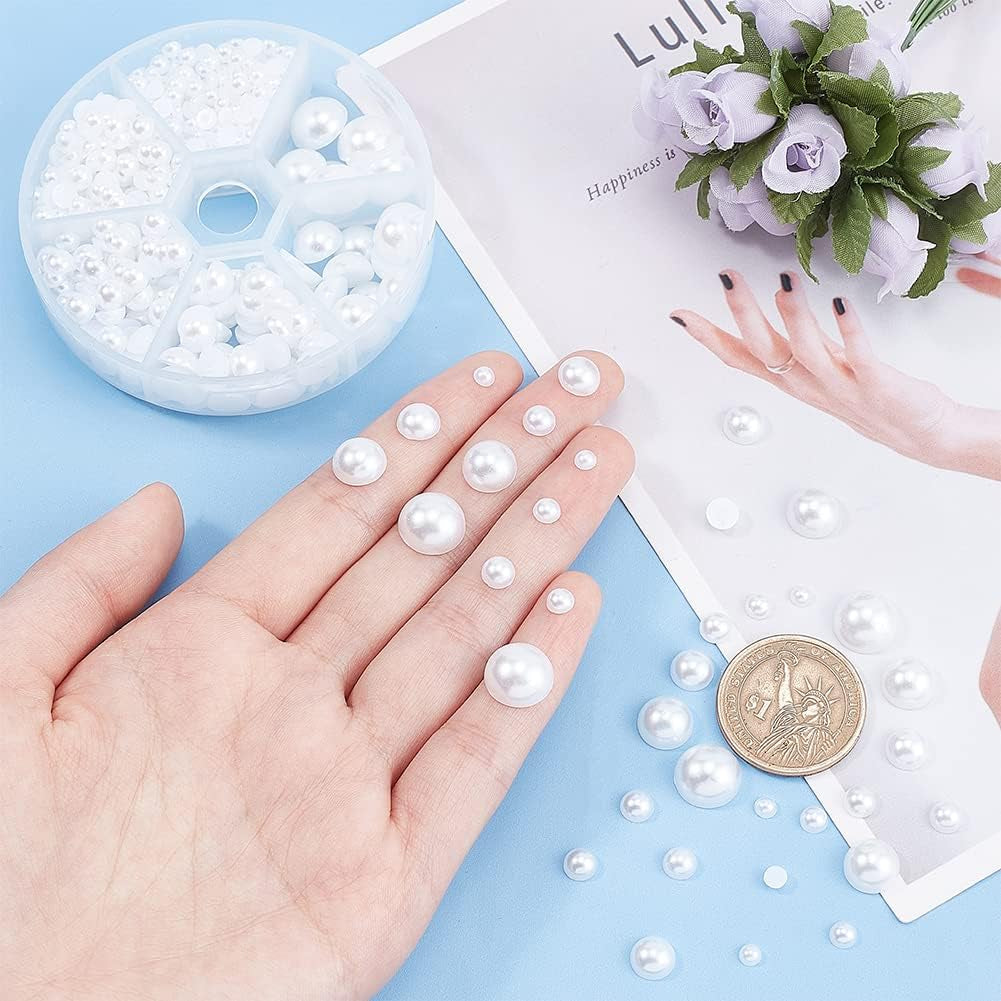 690Pcs Half round Pearl Beads 6 Sizes Flat Back Pearl Cabochon Faux Pearl Beads for DIY Scrapbook Phone Case Wedding Decor Hair Accessory Nail Art, White, 4/5/6/8/10/12Mm