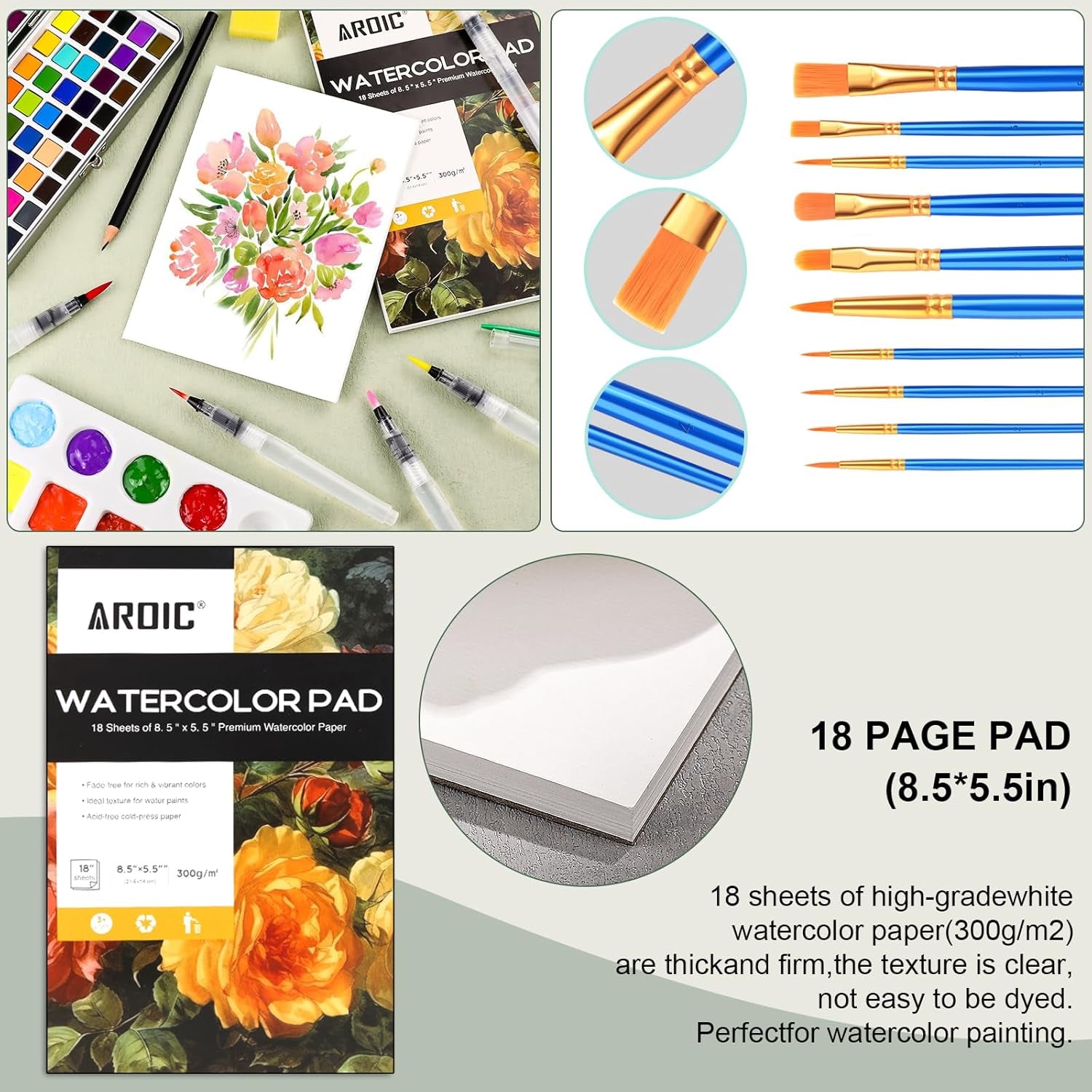 100 Colors Watercolor Paint Set,In Portable Box,Include Pearl Light & Fluorescent Color, 10 Painting Brushes, 6 Water Brush Pens, Pad, Palette and Everything Else You Need, Travel Kit