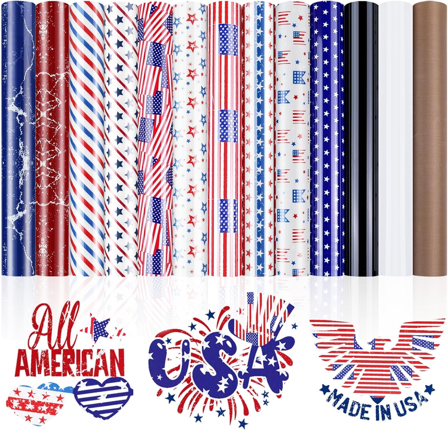 American Flag Heat Transfer Vinyl - 13 Pack 4Th of July Iron on Vinyl Pattern HTV Vinyl 12×10Inch, White HTV &amp; Patriotic Navy Blue for Independence Day HTV Vinyl