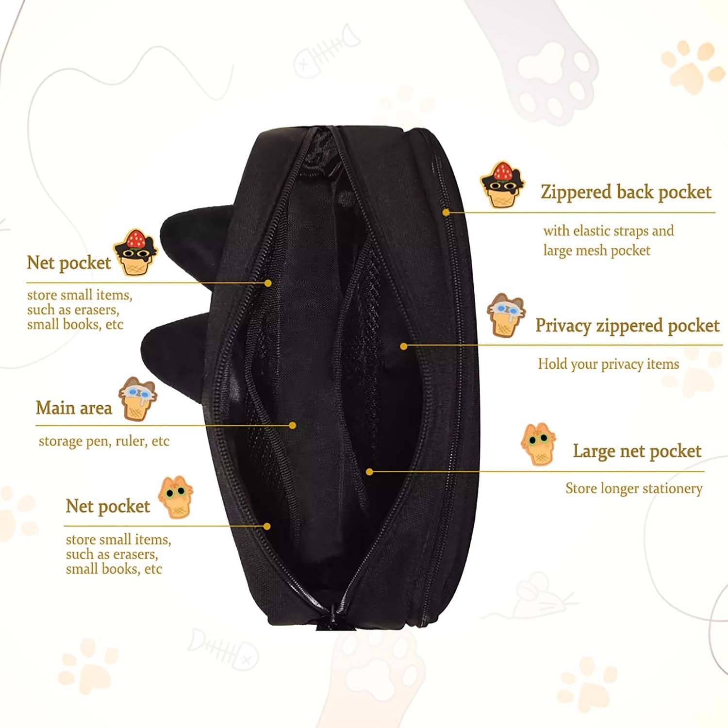 Hongdian Large Capacity Pencil Case Black Color, 3D Cat Pen Bags Pencil Pouch Organizer for Office College School