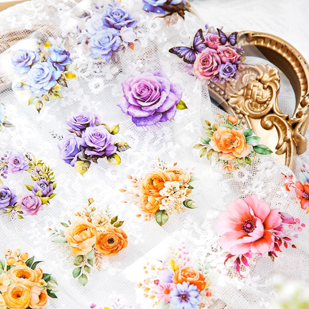 8Rolls Floral Washi Tape Set Flower Washi Tape Stickers Sunflower Rose Hydrangea Butterfly Decorative Masking Tape Vintage Washi Tapes Pet Tape Decorative Tape for Crafts Journaling Scrapbook Supplies