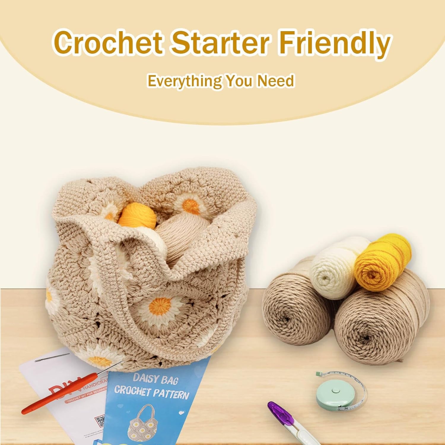 Crochet Kit for Beginners Daisy Tote Bag DIY Knitting Kits of Daisy Tote Bag with Step-By-Step Video Tutorials Crochet Kit Beginners for Adults and Kids