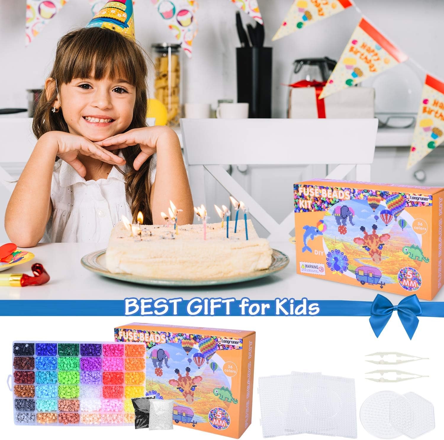 10000, 36 Colors Fuse Beads Kit 5Mm DIY Art Craft Toys for Kids with 4 Pegboards, 60 30 Pattern Paper| B, 10000Pcs