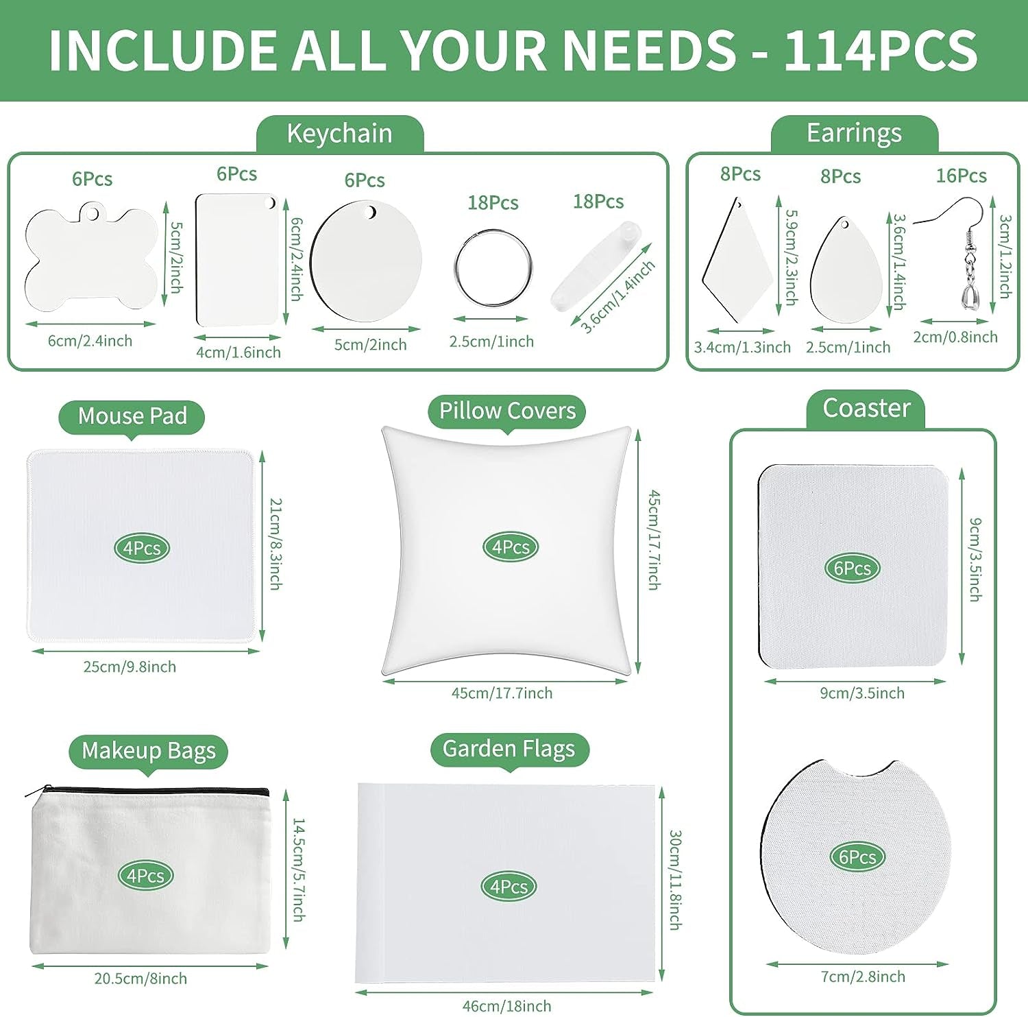 114Pcs Sublimation Blanks Products, Sublimation Blanks Set Including DIY Blank Makeup Bag, Keychain, Earring, Pillow Cover, Mouse Pad, Coaster, Garden Flag for Sublimation Transfer Heat Press Craft