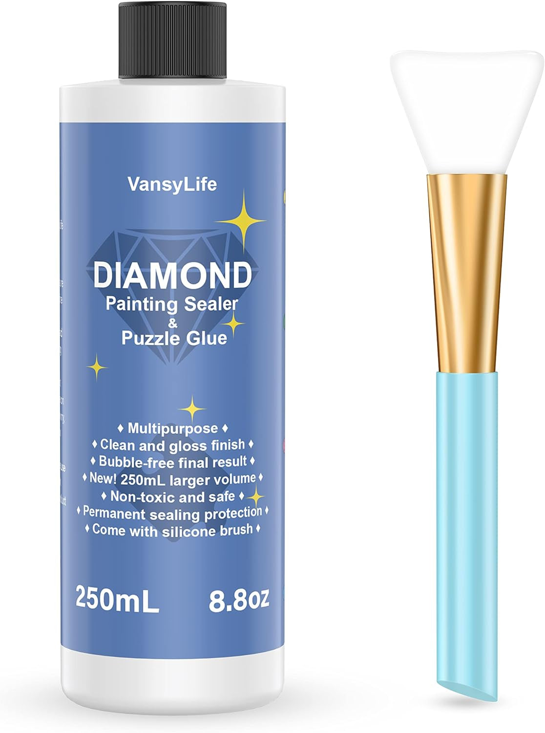 Updated Diamond Painting Sealer 250ML with Silicone Brush, 5D Diamond Painting Glue Accessories Permanent Hold & Shine Effect for Diamond Painting and Jigsaw Puzzles (8.8 OZ)