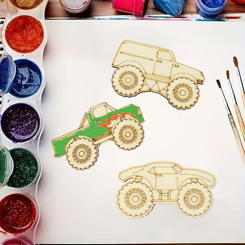 30 Pack Unfinished Wood Monster Truck Cutouts Crafts Truck Party Game Favors Vehicles to Paint Wooden Truck Hanging Ornaments DIY Gift Tags for Home Party Decoration Craft Project