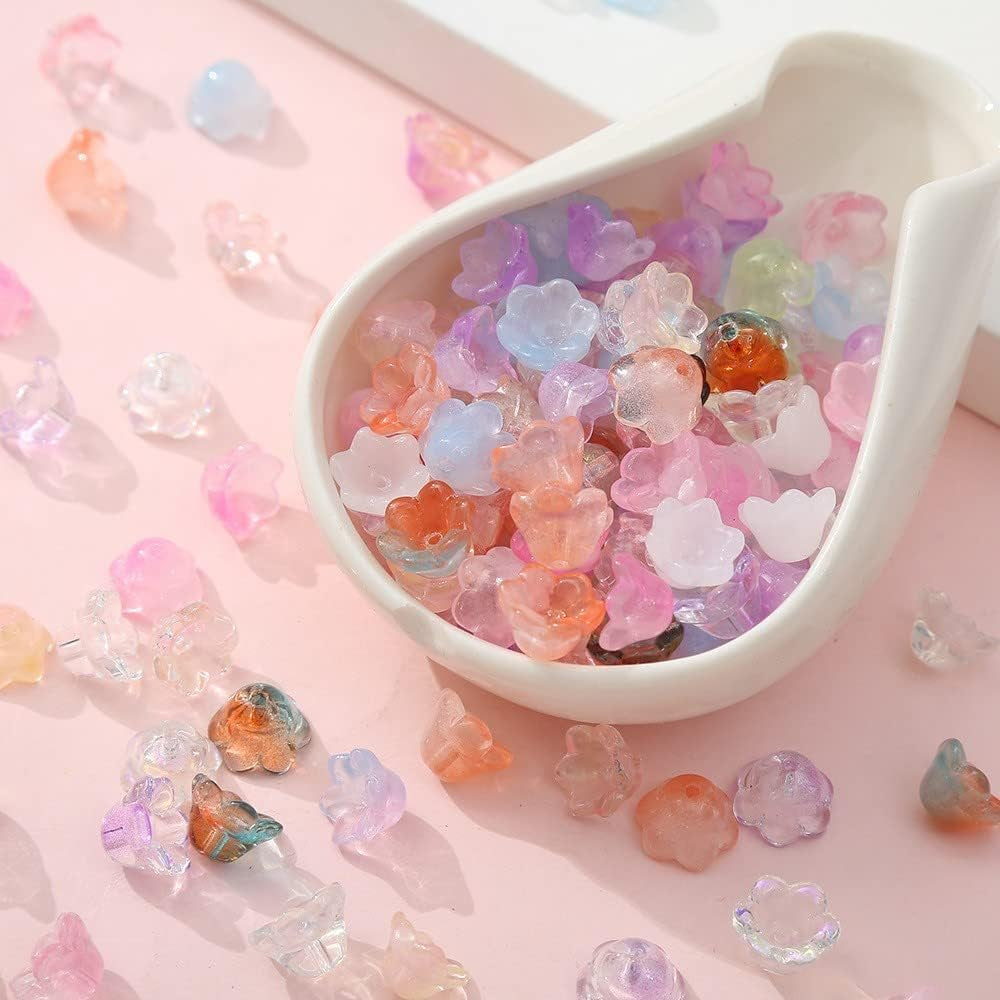 100Pcs Glass Bellflower Beads for Jewelry Making Mixed Color Trumpet Flower Beads Gradient Clear Cute Beads for Bracelets Making Aesthetic Beads Charms for DIY Necklace Decoration Gifts
