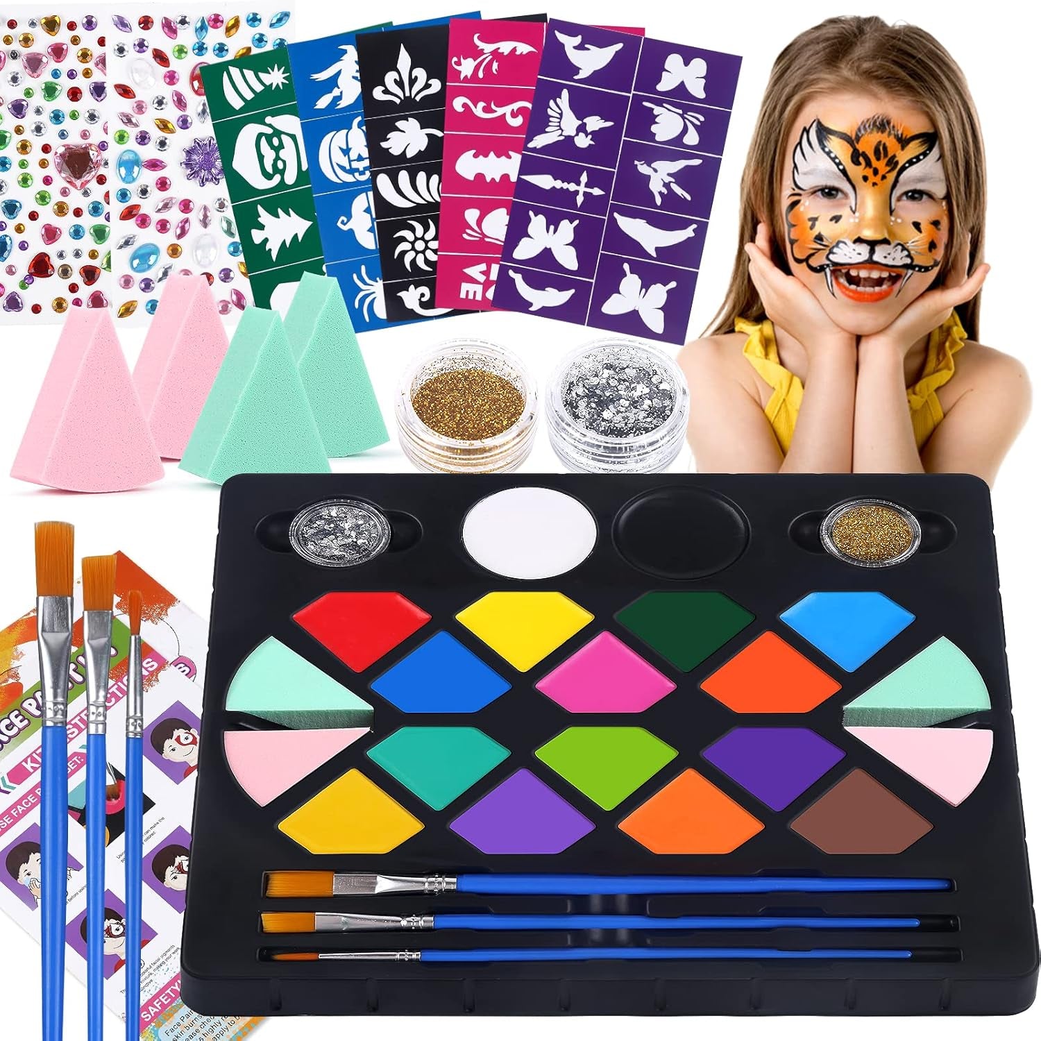 Face Painting Kit for Kids - 16 Colors Water Based Body Face Paint Includes Brushes,Sponges,Glitters,Gem Sheet,Instructions,Stencils for Halloween Party Costume SFX Makeup