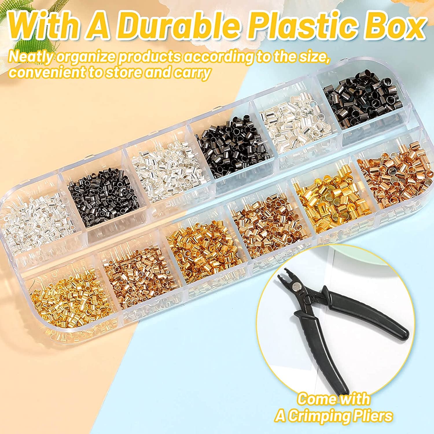 Crimping Beads for Jewelry Making, 2200 Pieces Crimp Tubes with Crimping Pliers for Earring Necklace Bracelet DIY Jewelry Making(3 Sizes, 4 Colors)