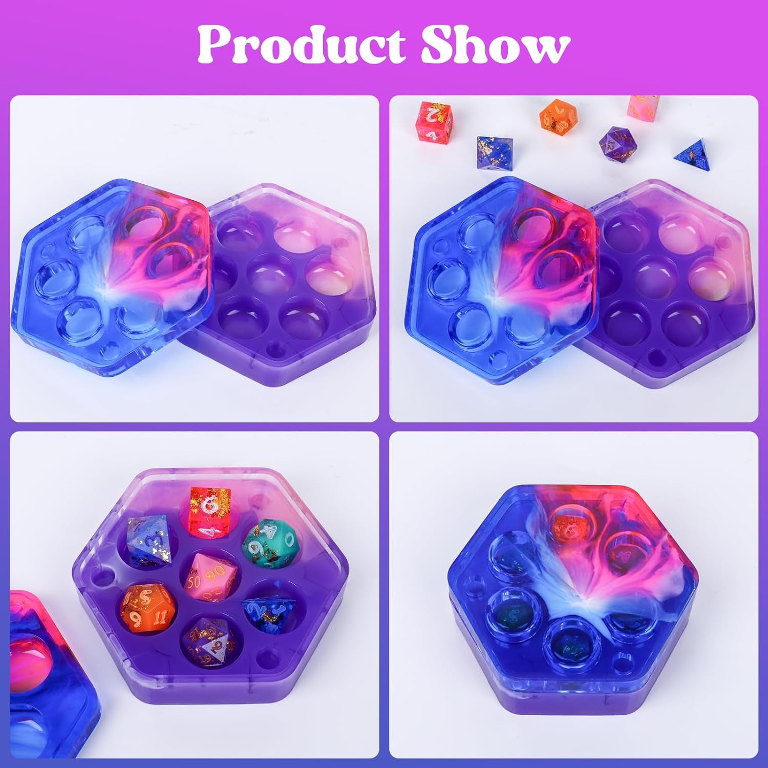Resin Molds Silicone, Dice and Dice Box Epoxy Resin Molds with 7 Standard Stereoscopic Dice Cavities, Silicone Molds for Resin, DND Dice and Dice Organizer Dice Making Kit, Table Board Game