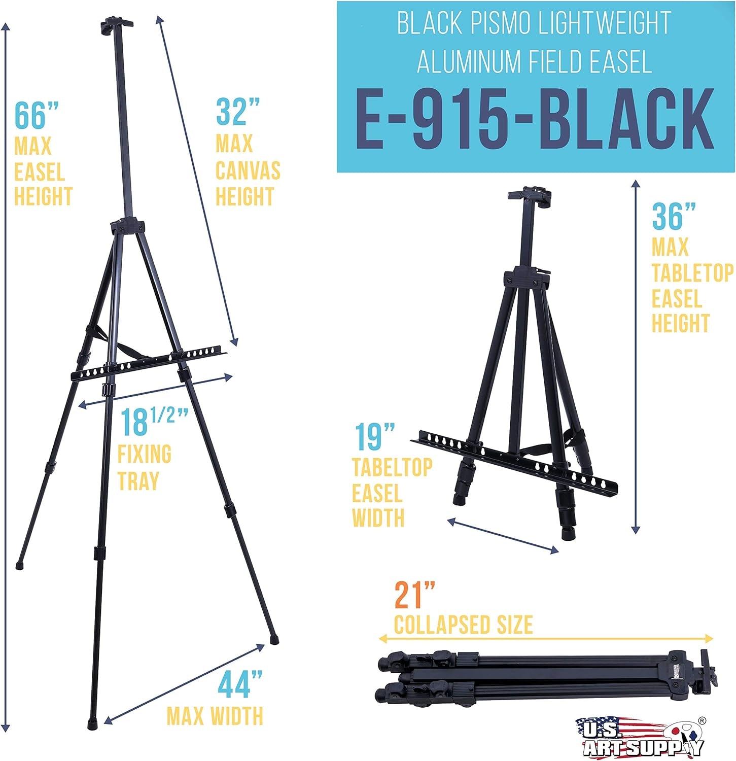 - 66 Inch Sturdy Black Aluminum Tripod Artist Field and Display Easel Stand - Adjustable Height 20" to 5.5 Feet, Holds 32" Canvas - Floor and Tabletop Displaying, Painting