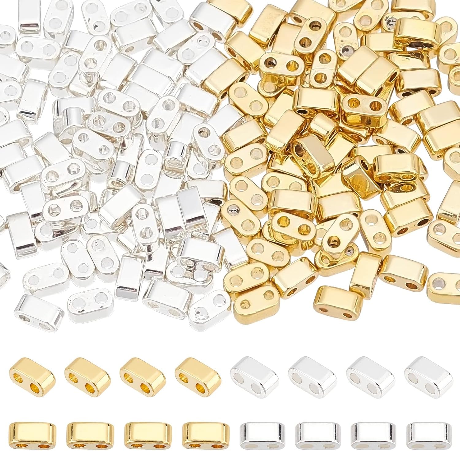 160Pcs 2-Hole Seed Beads 24K Gold 925 Sterling Silver Plated Tila Beads Multi-Strand Linking Connectors Synthetic Hematite Beads for Cord Bracelets Necklace Jewelry Making
