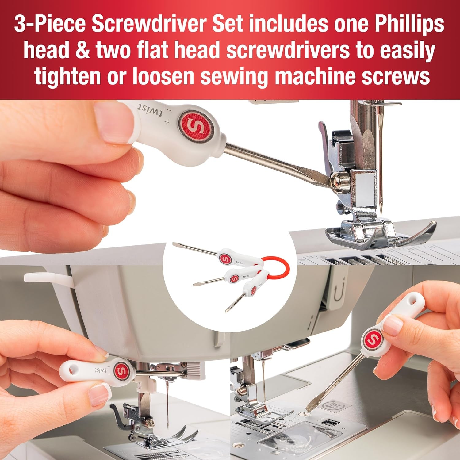 Sewing Machine Maintenance Kit - Tool Set with Needle Inserter, Angled Lint Brush, Set of 3 Screwdrivers, Needle Threader - Universal Compatibility & Storage Pouch Included, 7Pc