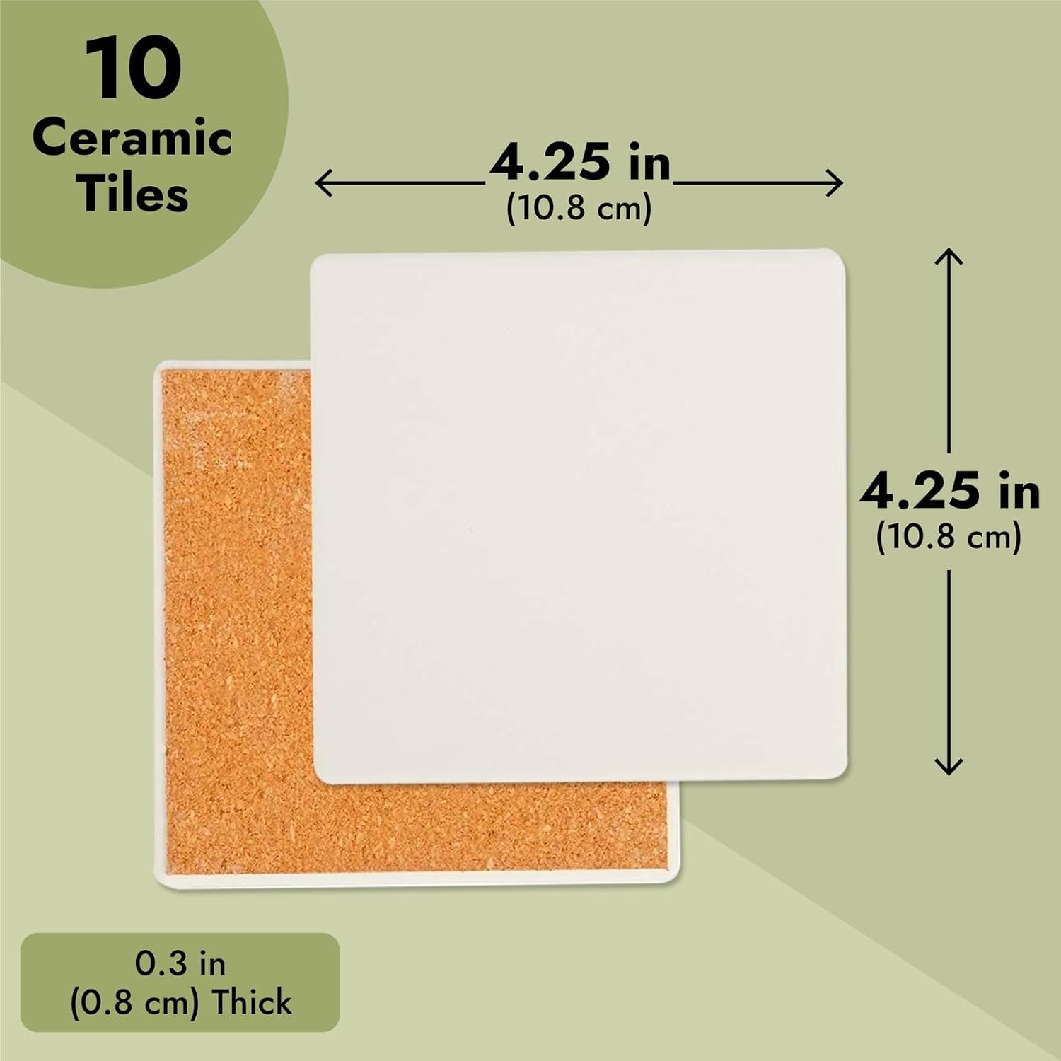 10 Pack White Unglazed Ceramic Tiles for Crafts with Cork Backing Pads for Coasters, DIY Arts and Crafts (4.25 X 4.25 In, Square)