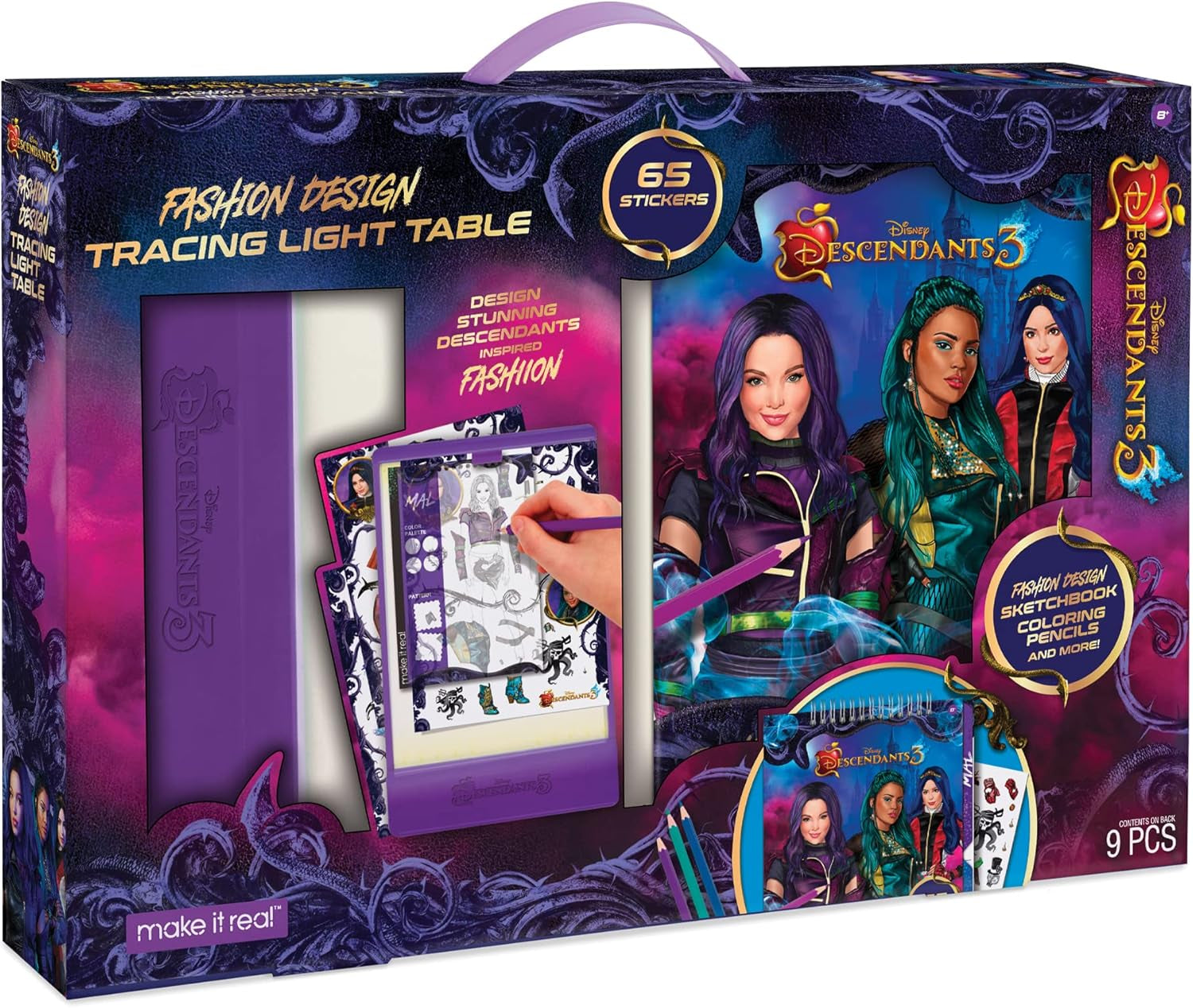 Disney Descendants 3 Fashion Design Tracing Light Table for Girls - 9-Piece Set with Sketchbook, Stickers, Tracing Pages, Light-Up Table - Creative Drawing Kit, Perfect Gift for Ages 8+