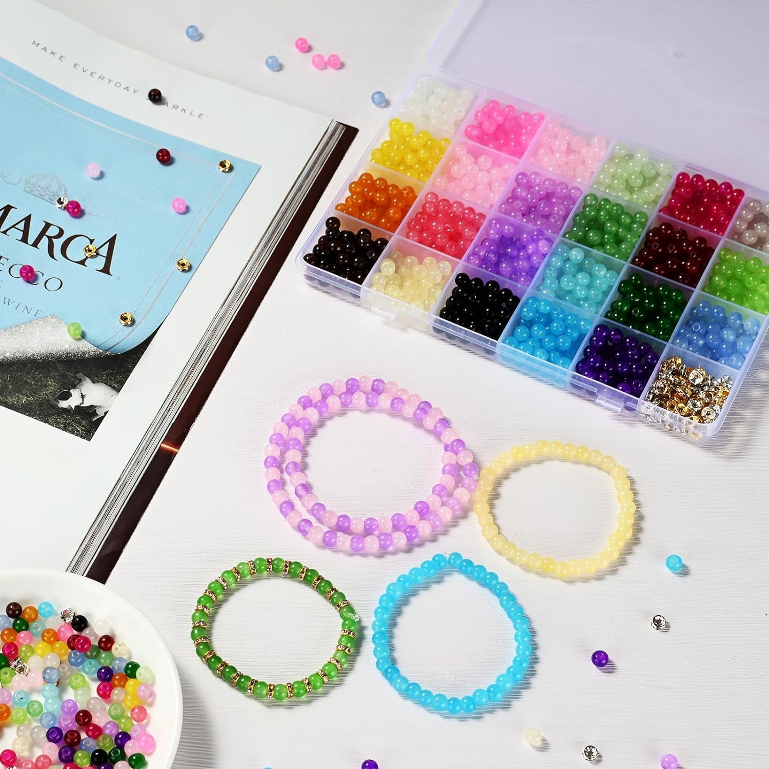 1100PCS 6Mm Glass Beads for Jewelry Making, 24 Vibrant Colors Crystal round Glass Beads for Bracelets, Complete Bracelet Making Sets for Girls DIY Crafts & Friendship Bracelets