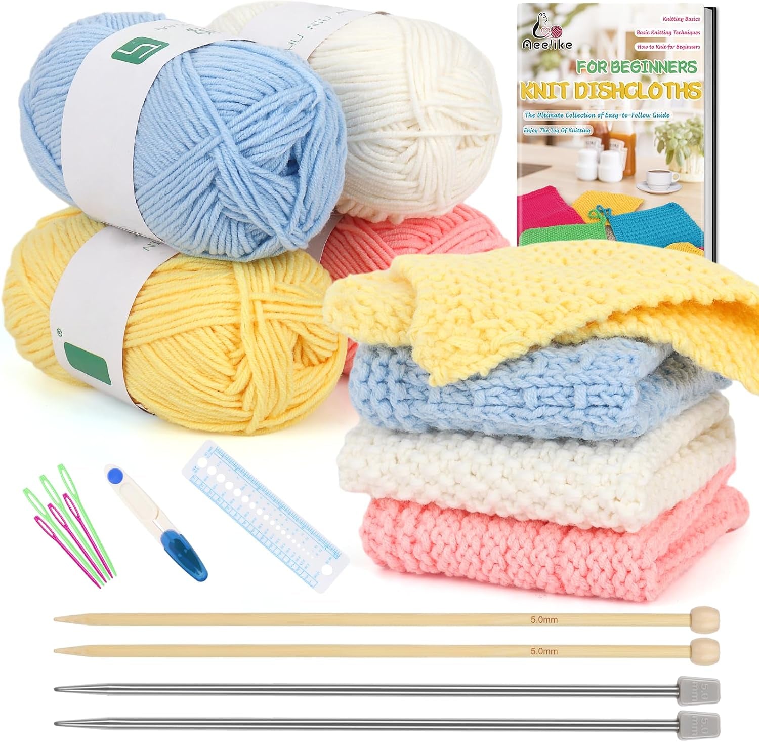 Knitting Kits for Beginners, 4 Pcs Bamboo and Metal Knitting Needle Set with Cotton Yarn, Knitting Set for Making Dishcloth with Step-By-Step Instructions,Colorful