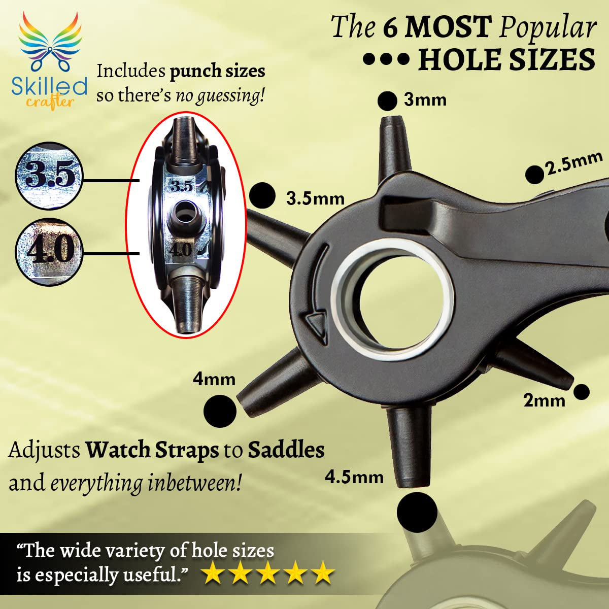 Leather Hole Punch & Belt Hole Puncher Easily Punches Perfect round Holes. Bonus Ruler & Awl Tool. Leather Punch Tool for Watch or Bag Strap, Fabric, Eyelet - Precision Crafting & Professional Results