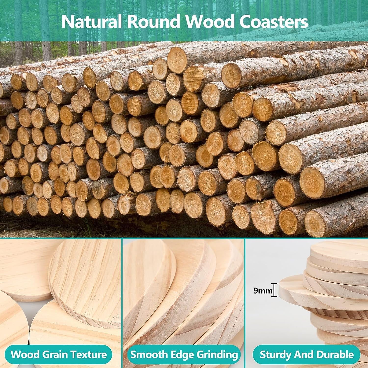 32Pcs Unfinished Wood Coasters, 4" round Wooden Coasters with Non-Slip Dot Sticker for Drinks, 9Mm Thick Blank Wood Coasters Bulk for DIY Crafts Supplies Adults Beginners