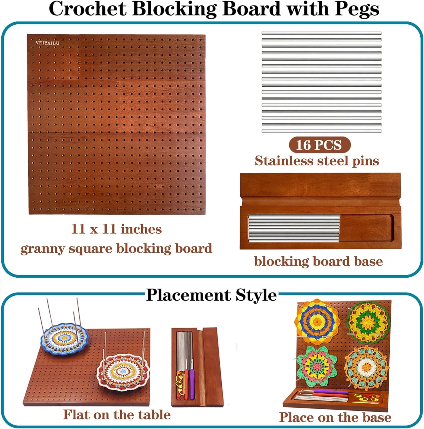 Crochet Blocking Board with 16 Pegs, 11X11 Inch: Granny Square Blocking Board - Gifts for Women, Mom, and Mother, Blocking Boards for Crochet Projects