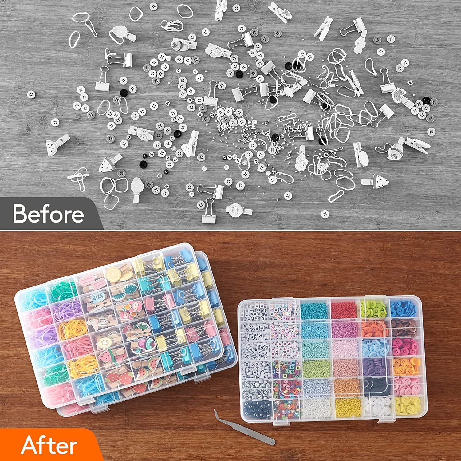 3 Pack 36 Grids Clear Stackable Plastic Organizer Storage Box Container with Adjustable Dividers for Beads, Art DIY, Crafts, Jewelry, Fishing Tackle with 5 Sheet Label Stickers