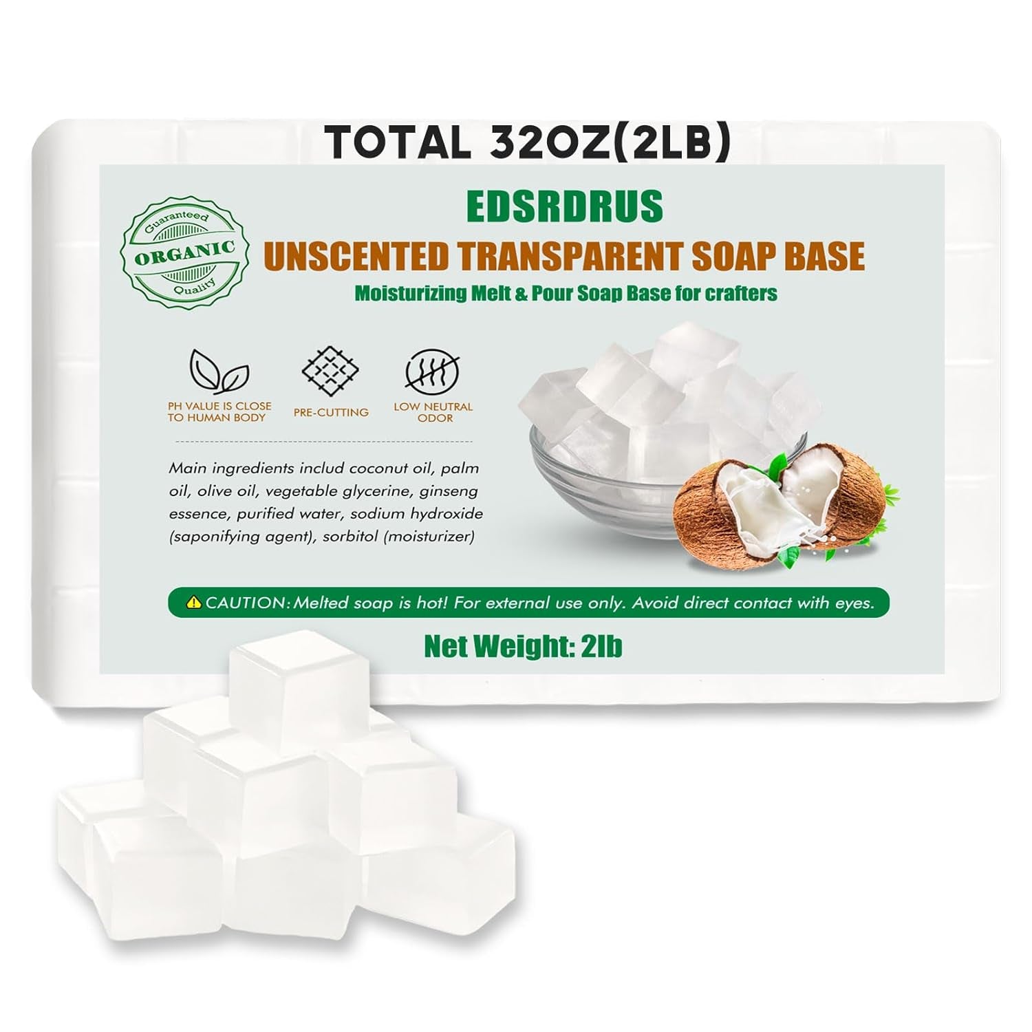 1LB & 2LB Unscented Glycerin Soap Base DIY Handmade Soap Moisturizing Melt and Pour Soap Base for Crafting, Vegetable Glycerin & Coconut Oil, Easy to Cut (Transparent, 2LB)