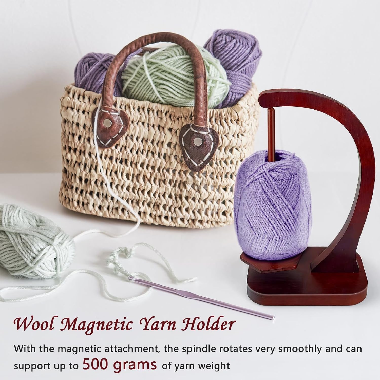 Yarn Ball Holder for Knitting and Crocheting, Wooden Yarn Spinner with Magnetic Metal Twirling Mechanism and Anti-Slip Pads, Crochet Gift for Knitting Lovers