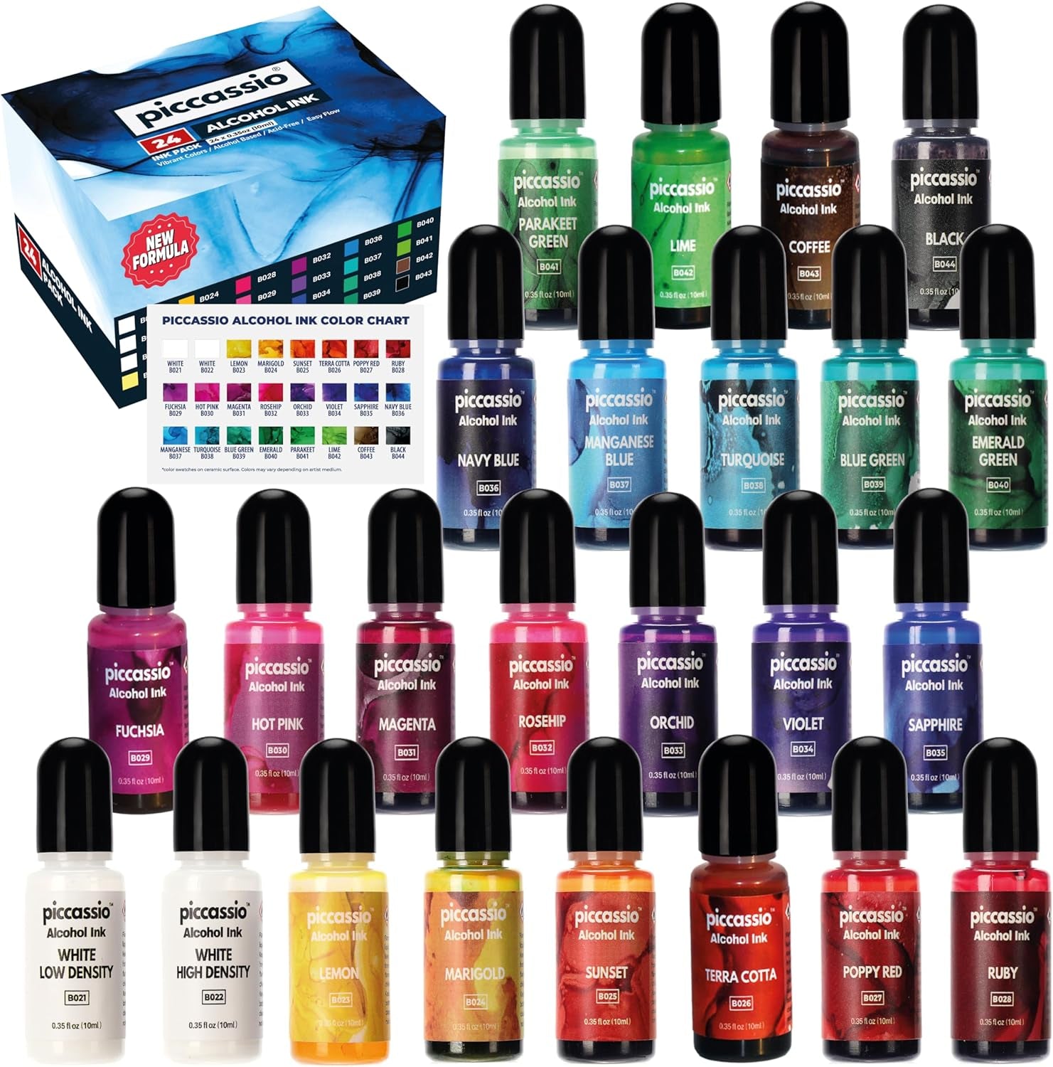Alcohol Ink Set - New Improved Formula - 24 Highly Saturated Alcohol Inks - Fast-Drying and Permanent Inks - Versatile Alcohol Ink for Epoxy Resin, Tumblers, Fluid Art Painting, Glass, Metal Etc