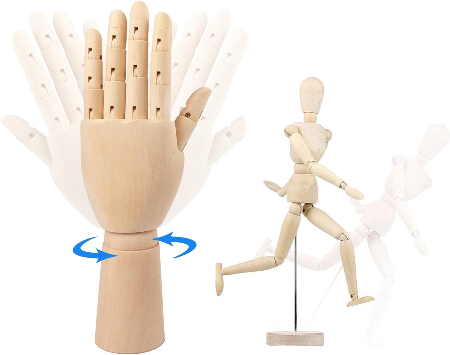 2-Pack 8" Artists Wooden Drawing Figure Mannequin Human People Dolls Figure Manikin Supplies Stop Motion Figure Kit Drawing Tools 12" Wooden Manican Fingers Left Hand for Drawing,Painting,Sketching