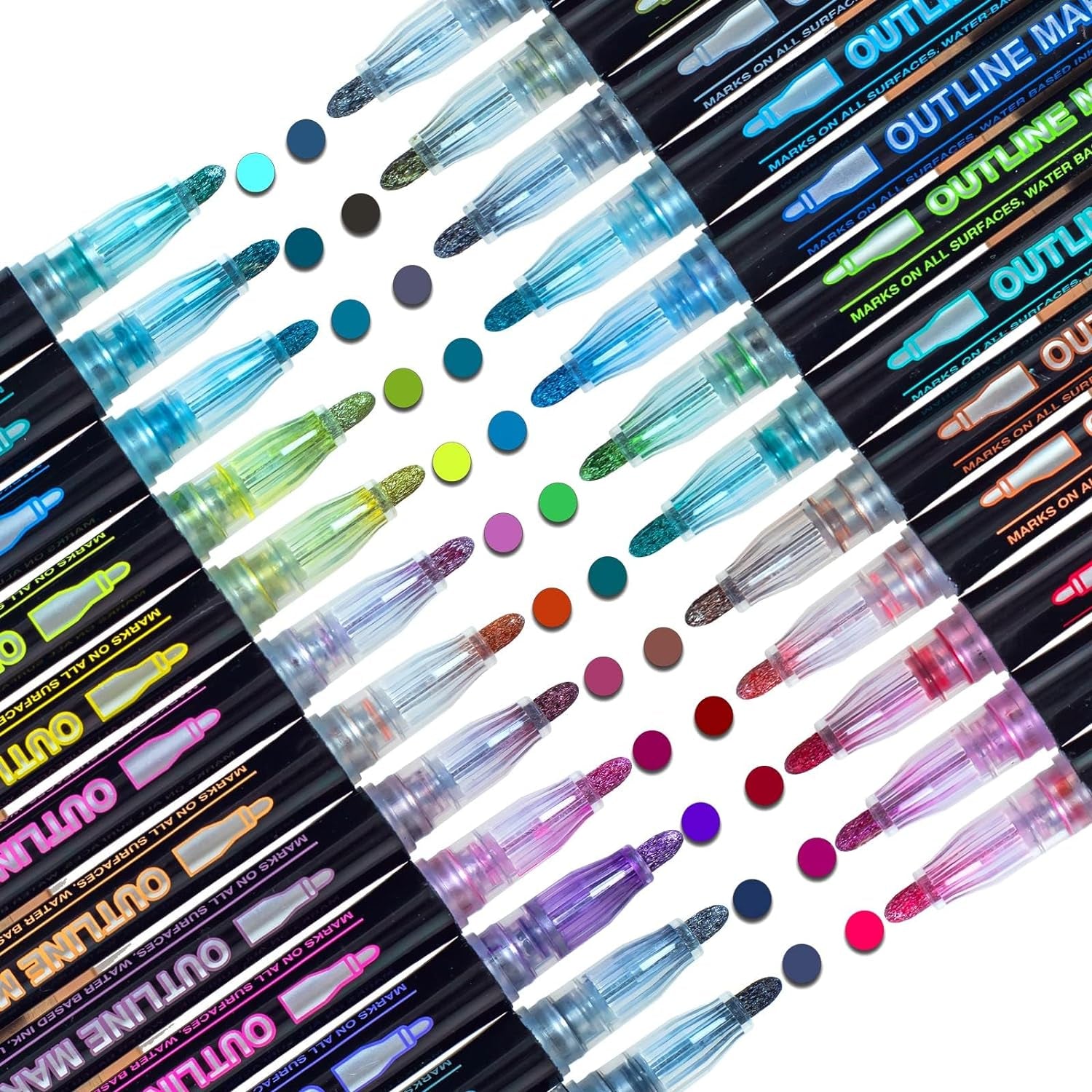 Shimmer Markers Outline Double Line: 24 Colors Glitter Metallic Pen Set Super Squiggles Sparkle Cool Fun Self Sparkly Kid Age 4 8 10 12 Girl Gift Doodle Supplies Art Craft Girl Stocking Stuffer